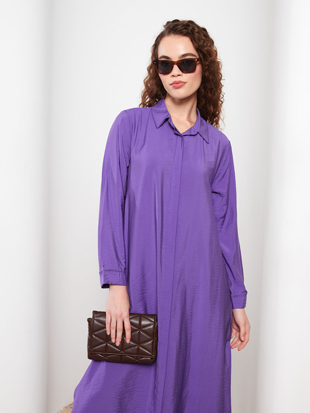Mor Düz Uzun Kollu Kadın Gömlek Tunik-2