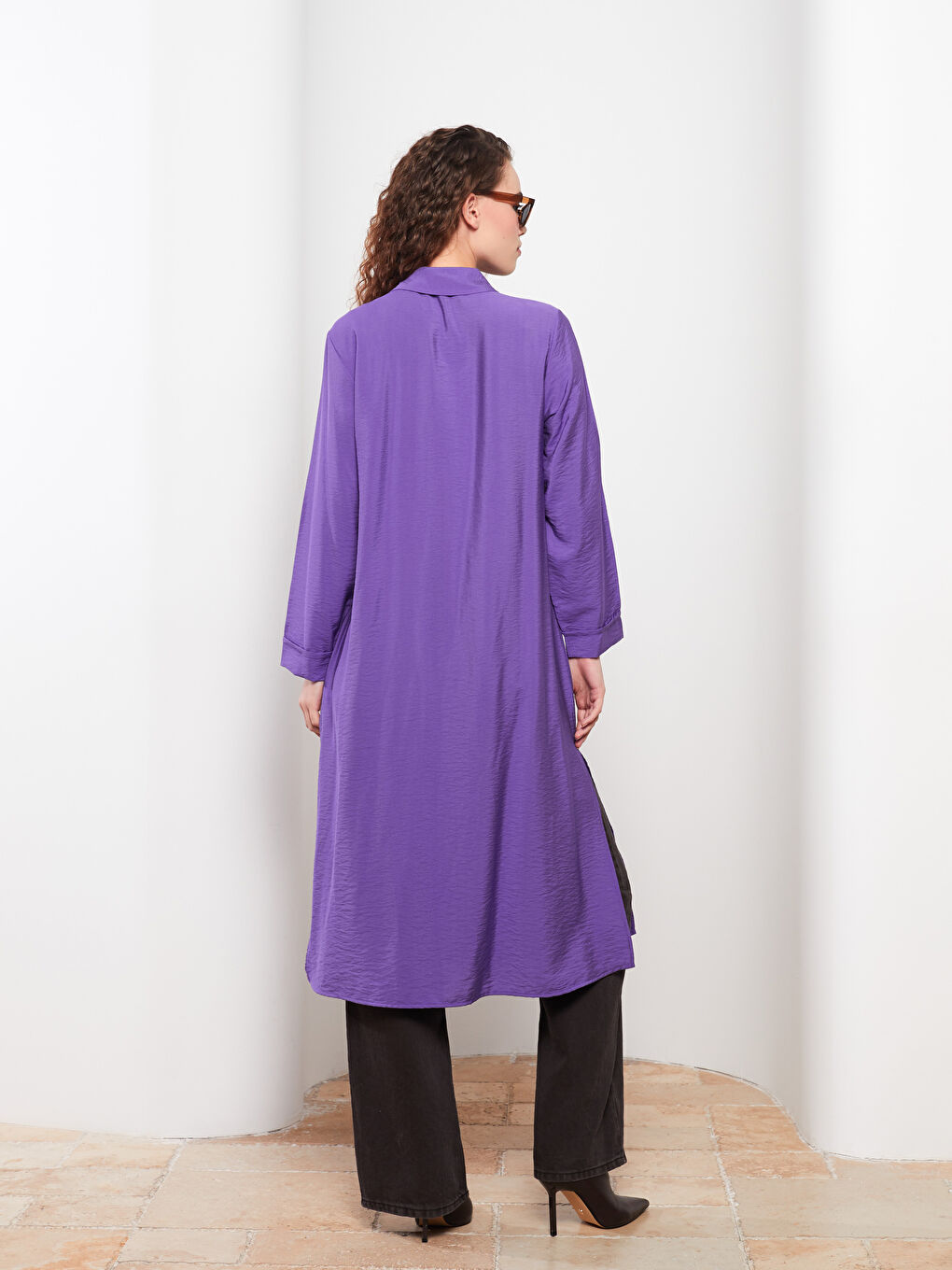 Mor Düz Uzun Kollu Kadın Gömlek Tunik-5