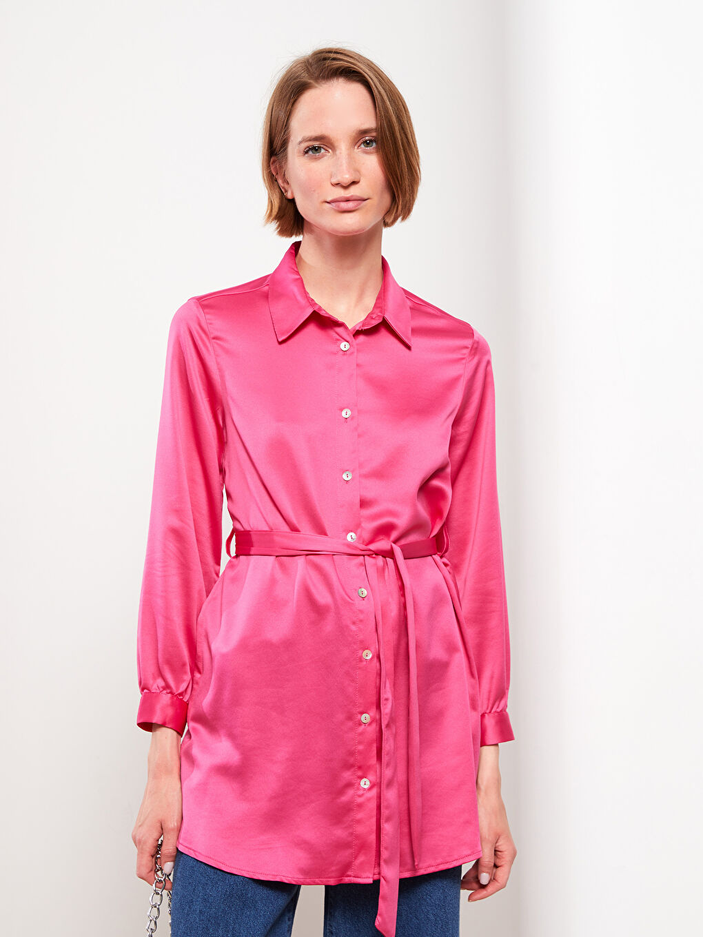 Plain Long Sleeve Satin Women's Shirt Tunic-1