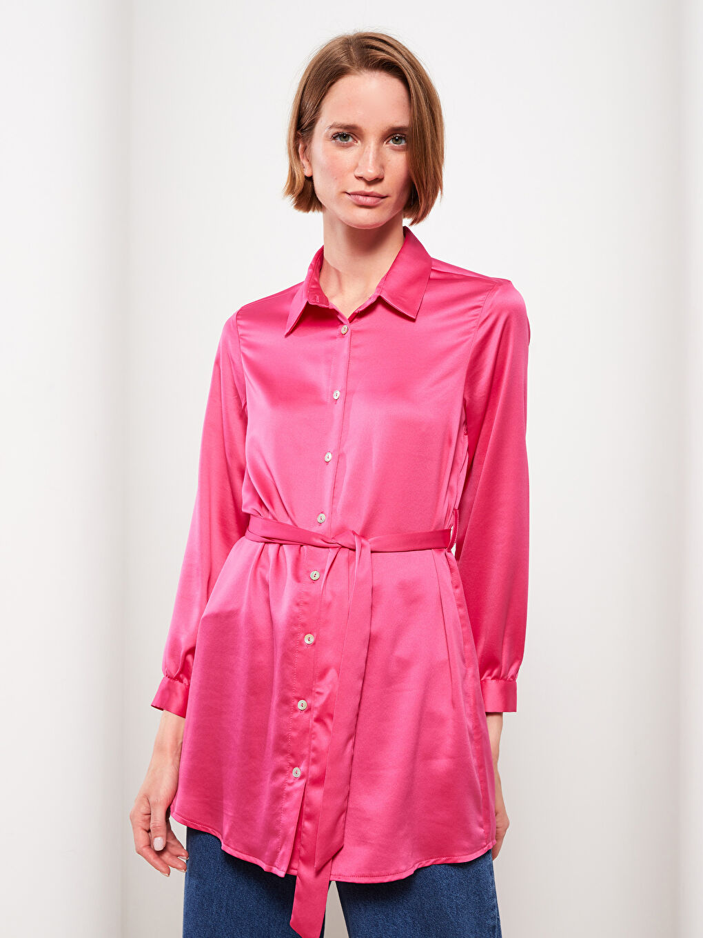 Plain Long Sleeve Satin Women's Shirt Tunic-2