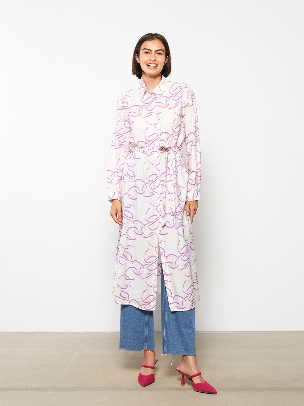 Ekru Desenli Kadın Gömlek Tunik