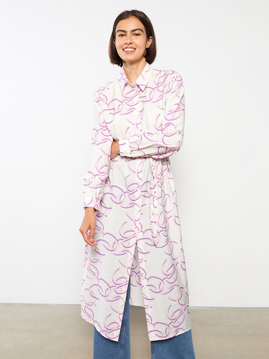 Ekru Desenli Kadın Gömlek Tunik-1