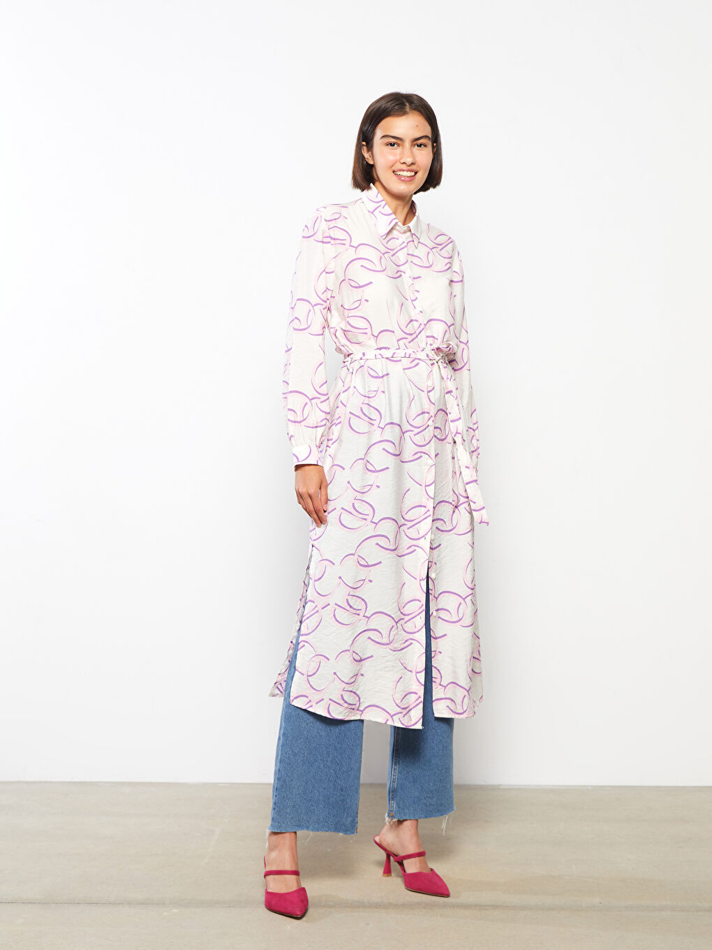 Ekru Desenli Kadın Gömlek Tunik-2