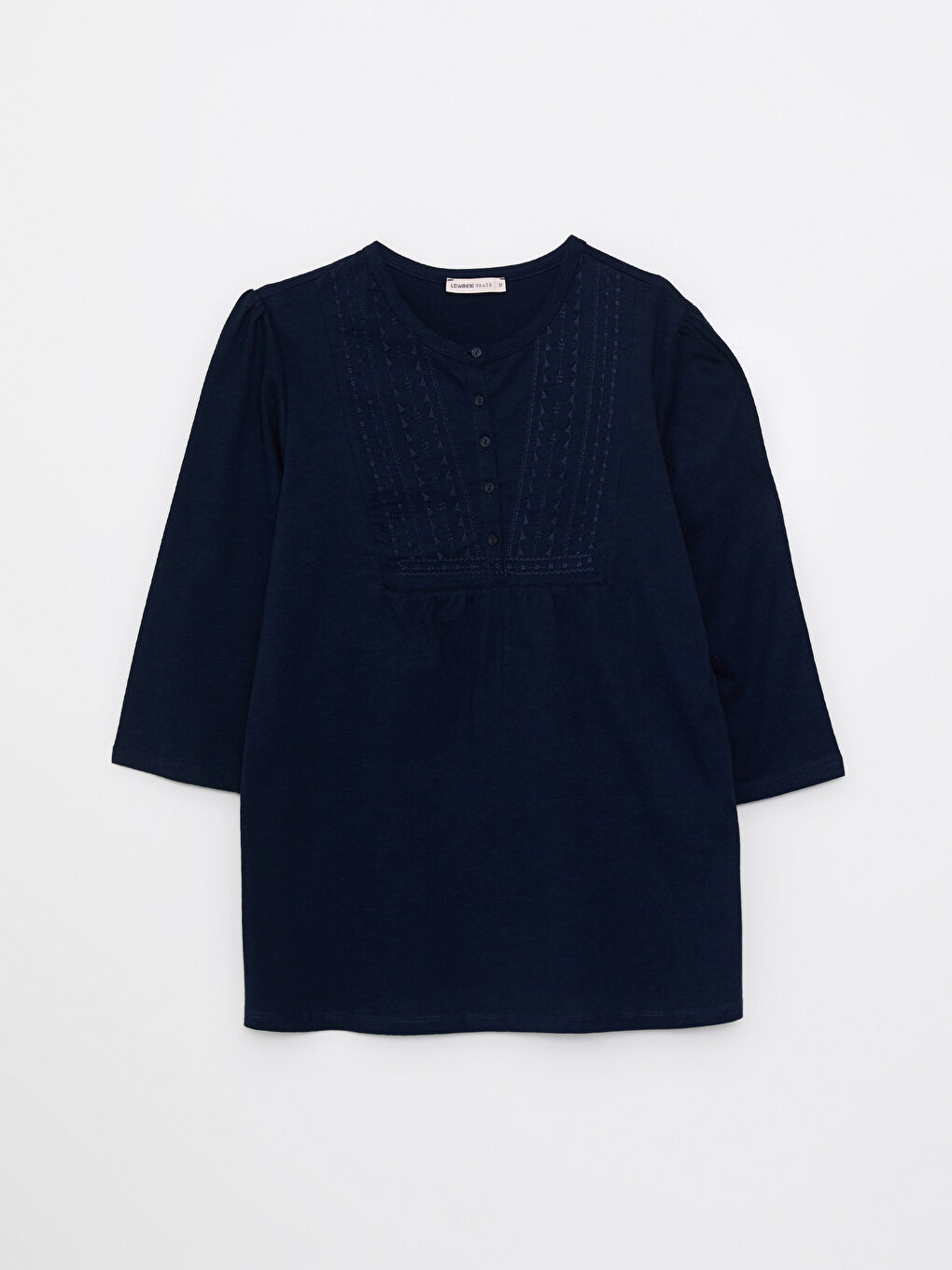 Lacivert Bisiklet Yaka Nakışlı Pamuklu Kadın Tişört-5