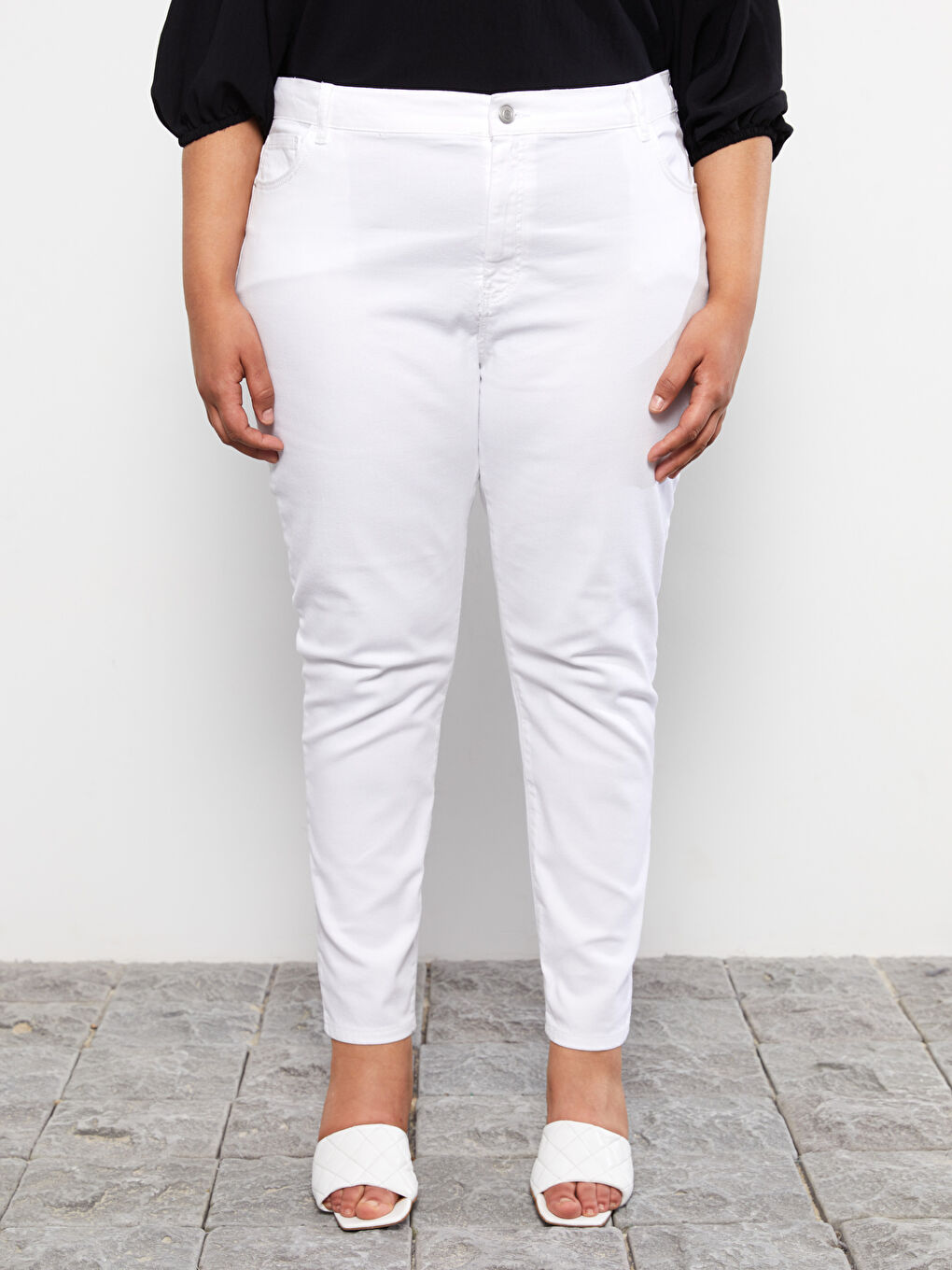 Beyaz Büyük Beden Mercury Skinny Fit Düz Cep Detaylı Kadın Rodeo Jean Pantolon-3