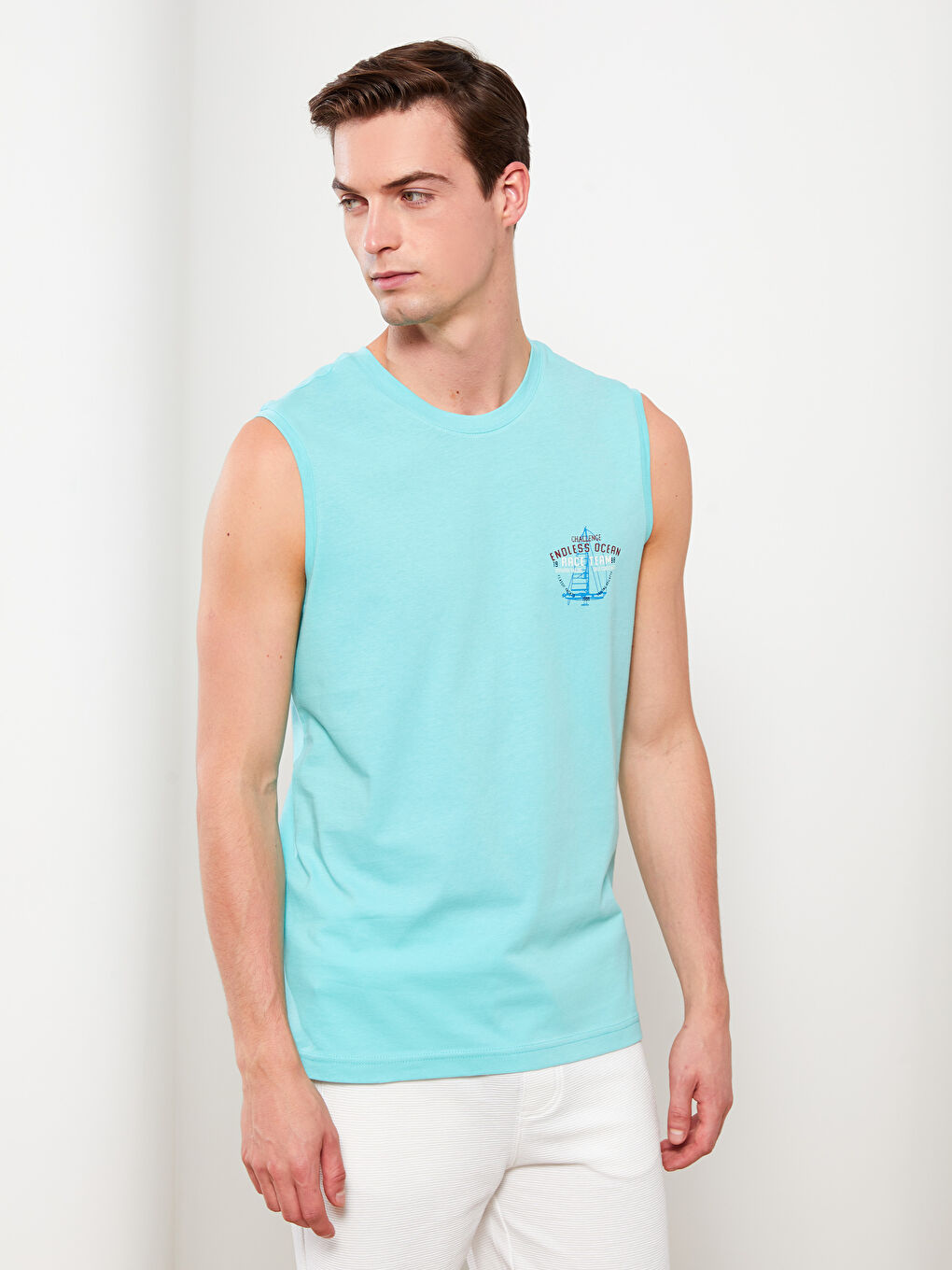 Yeşil Bisiklet Yaka Baskılı Erkek Kolsuz Tişört-1