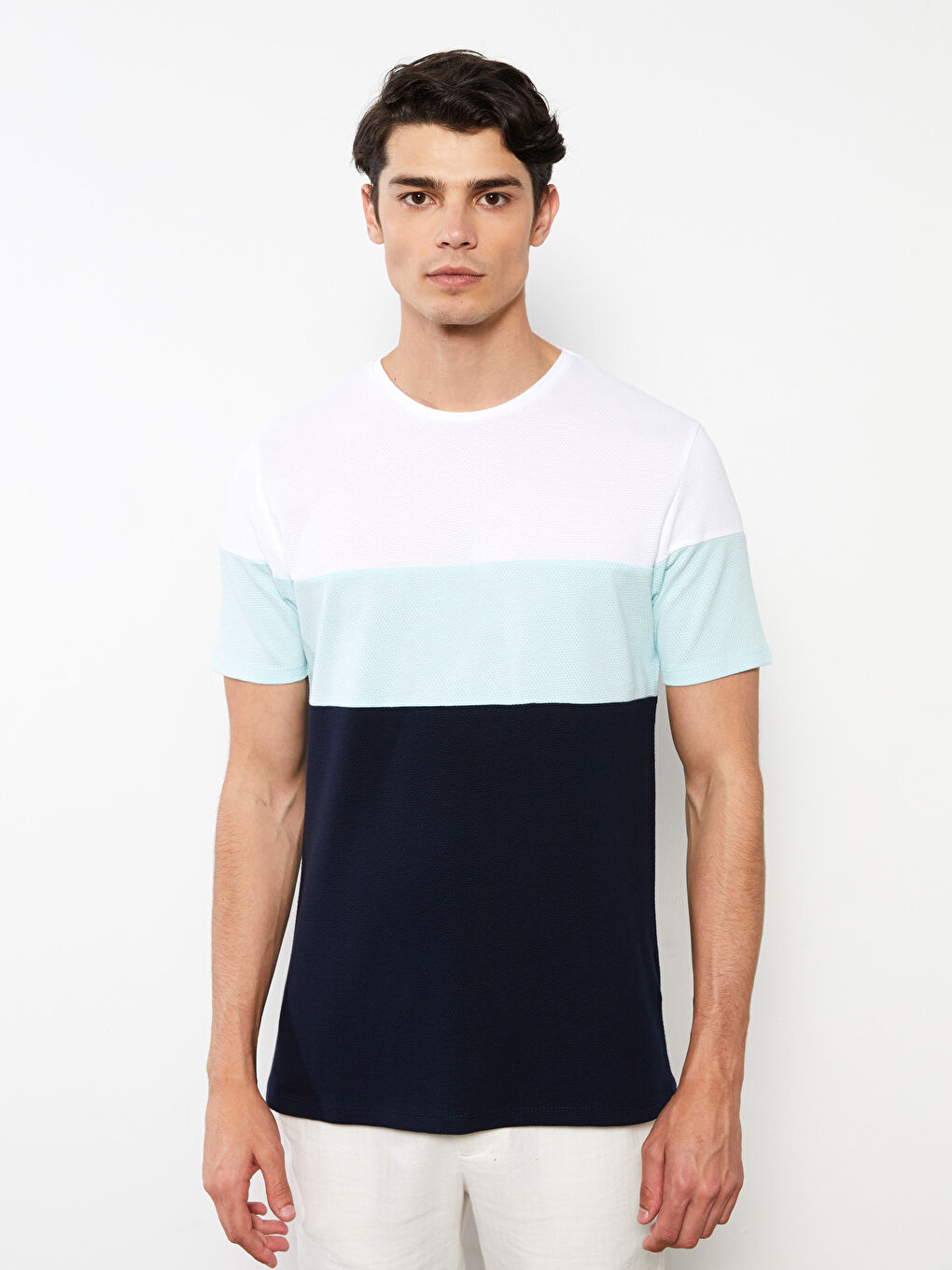 Turkuaz Bisiklet Yaka Kısa Kollu Renk Bloklu Pike Erkek Tişört-1