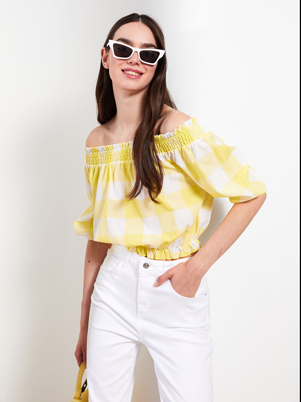 Boat Collar Plaid Short Sleeve Poplin Women's Blouse-1
