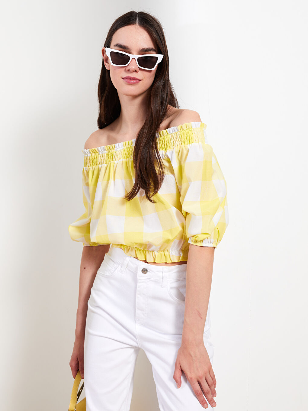 Boat Collar Plaid Short Sleeve Poplin Women's Blouse-2