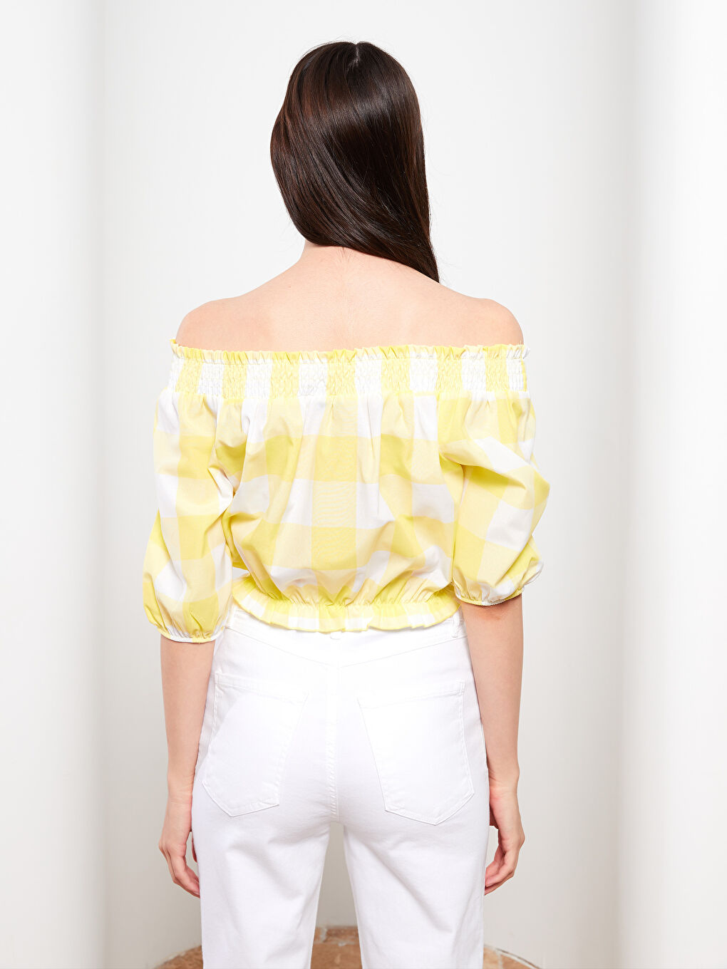 Boat Collar Plaid Short Sleeve Poplin Women's Blouse-5