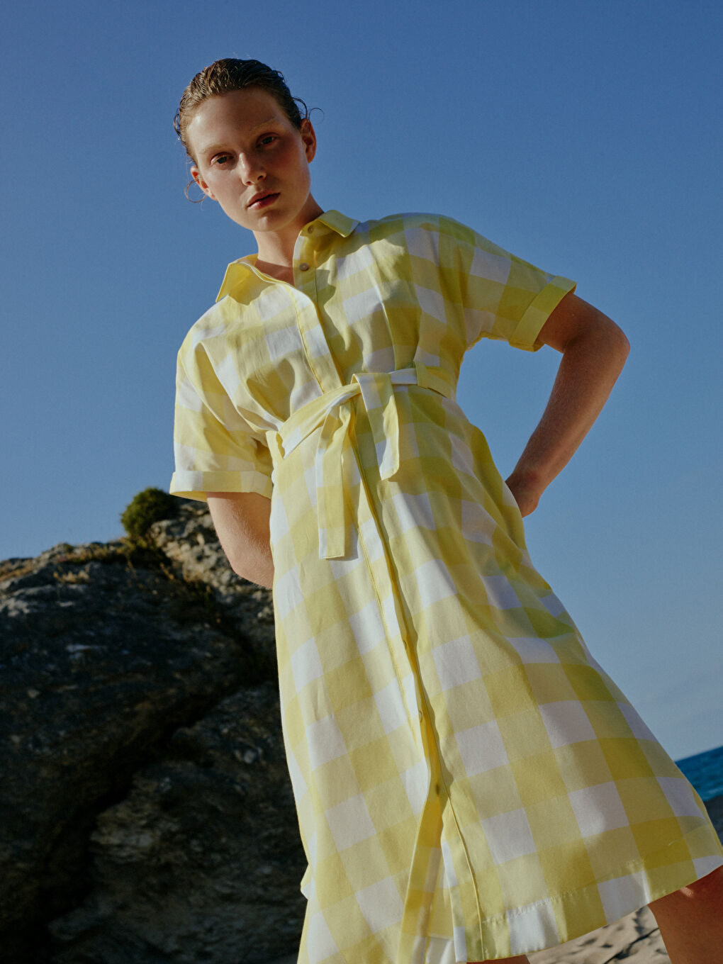 Sarı Gömlek Yaka Ekose Kısa Kollu Poplin Kadın Elbise