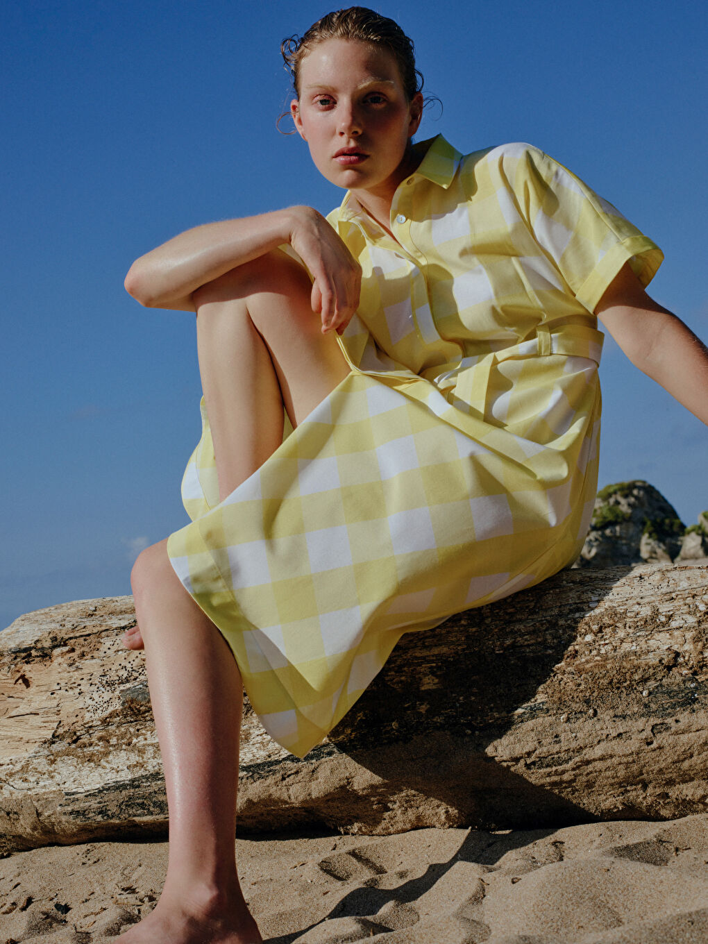 Sarı Gömlek Yaka Ekose Kısa Kollu Poplin Kadın Elbise-1