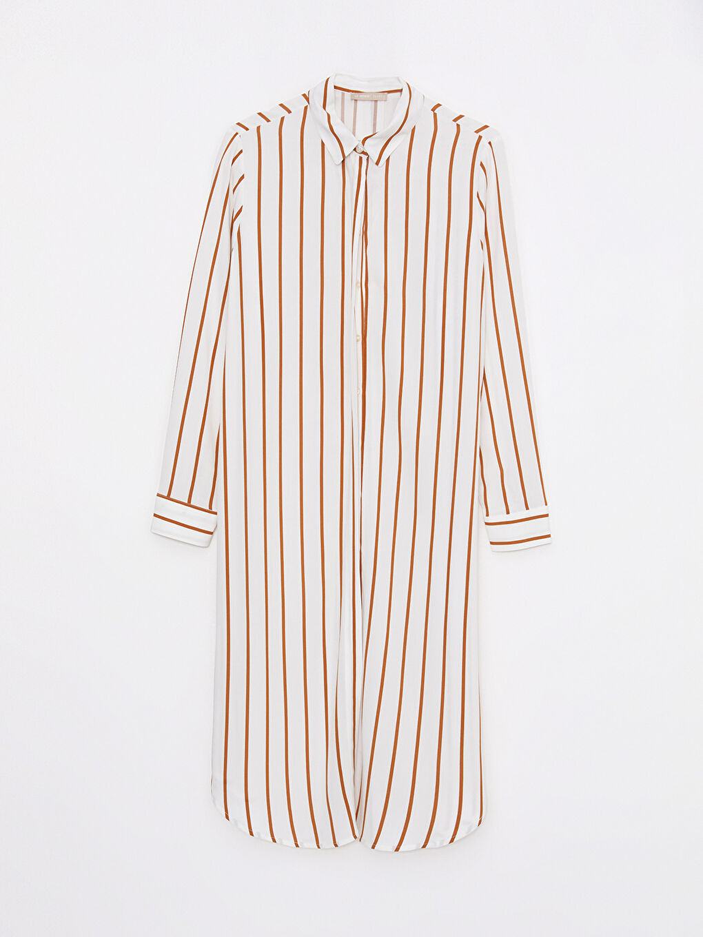 Kahverengi Çizgili Uzun Kollu Viskon Kadın Gömlek Tunik-5