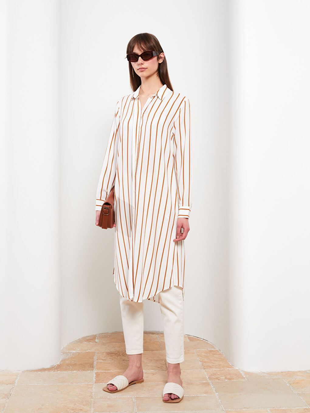 Kahverengi Çizgili Uzun Kollu Viskon Kadın Gömlek Tunik