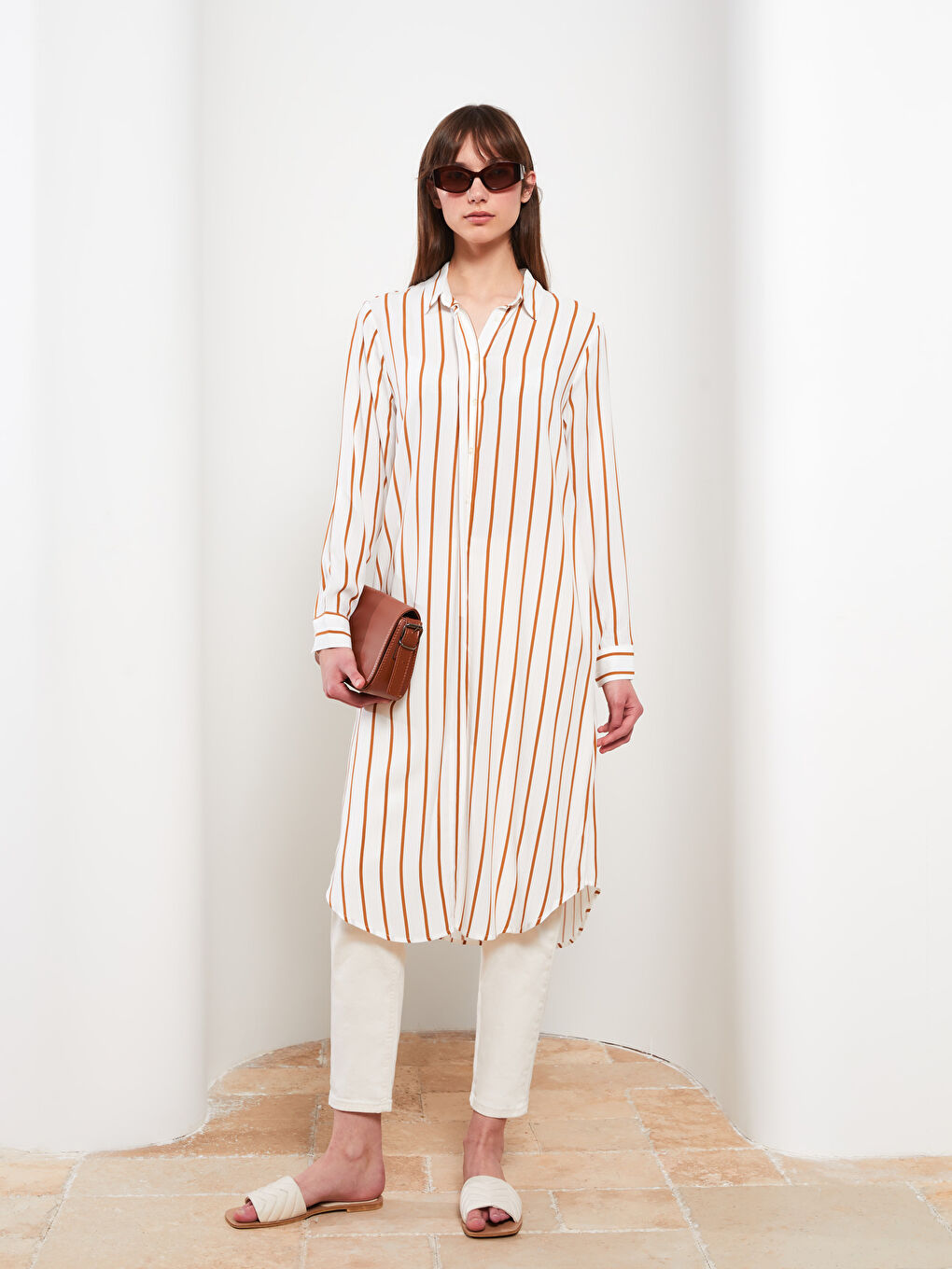 Kahverengi Çizgili Uzun Kollu Viskon Kadın Gömlek Tunik-1