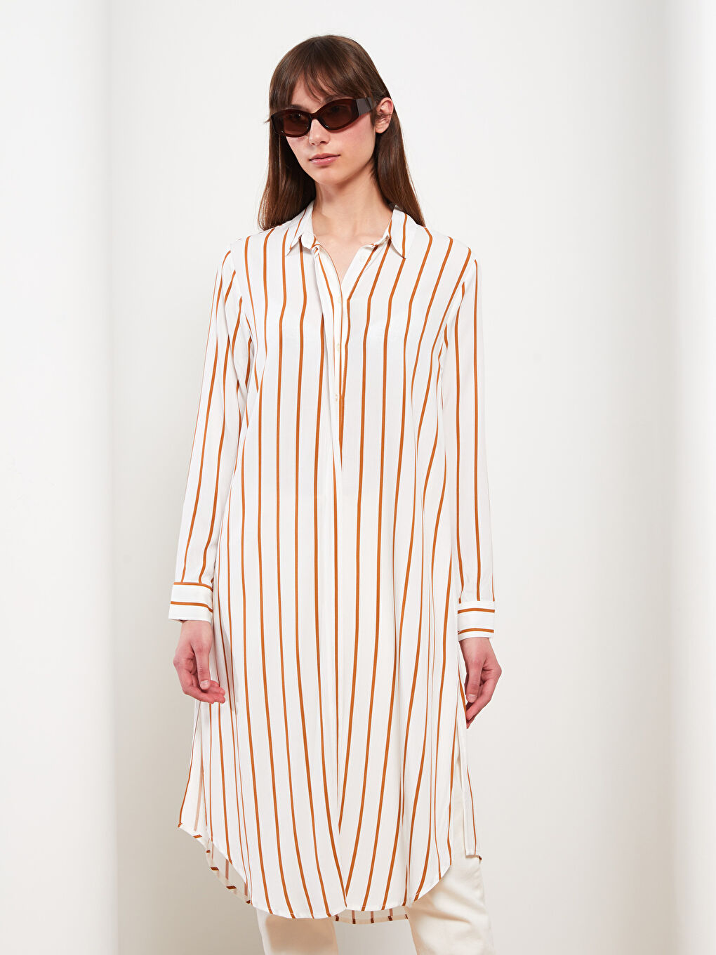 Kahverengi Çizgili Uzun Kollu Viskon Kadın Gömlek Tunik-2