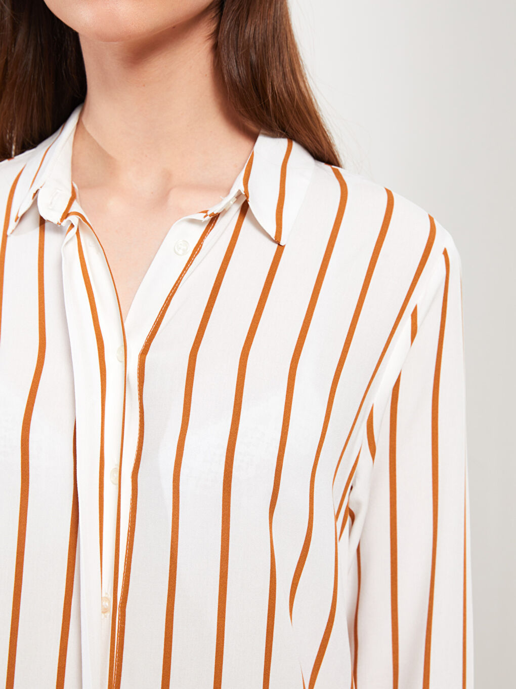 Kahverengi Çizgili Uzun Kollu Viskon Kadın Gömlek Tunik-3