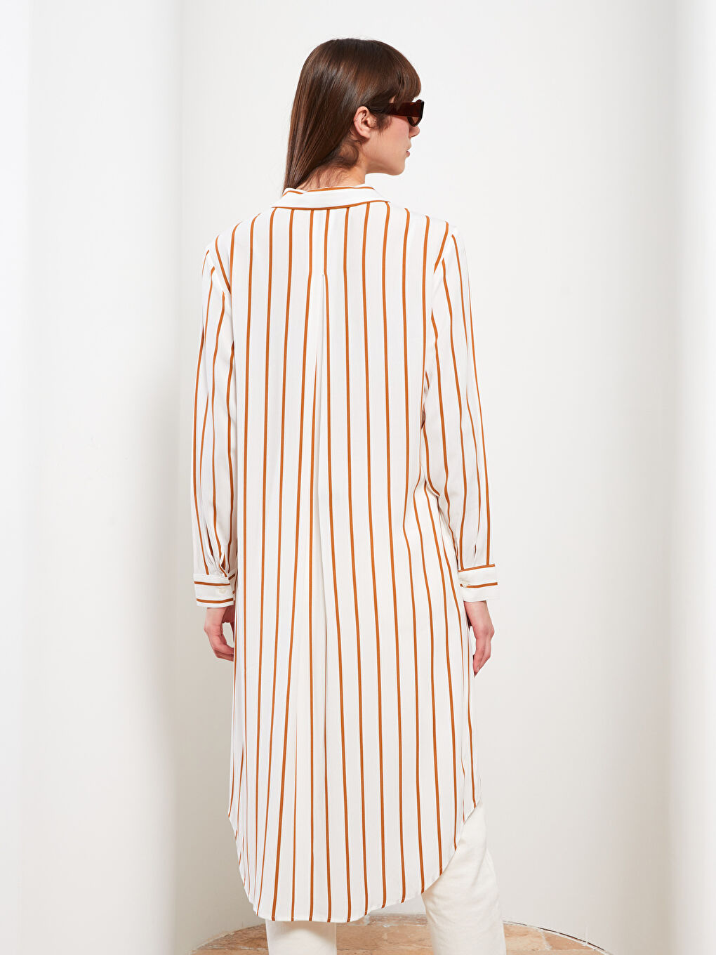 Kahverengi Çizgili Uzun Kollu Viskon Kadın Gömlek Tunik-4