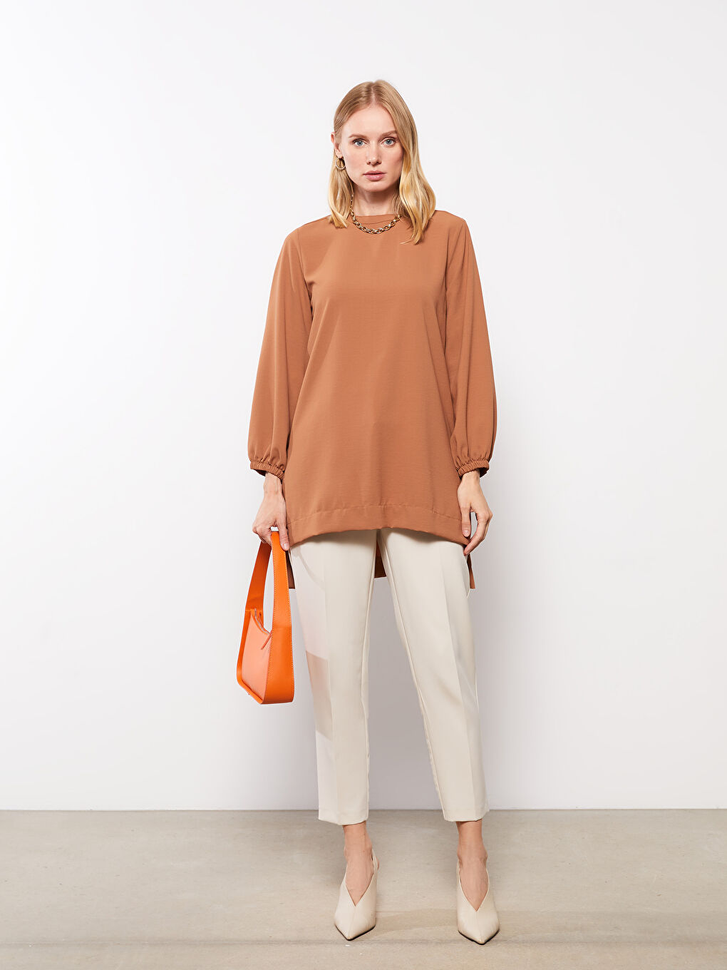 Kahverengi Bisiklet Yaka Düz Uzun Kollu Kadın Tunik