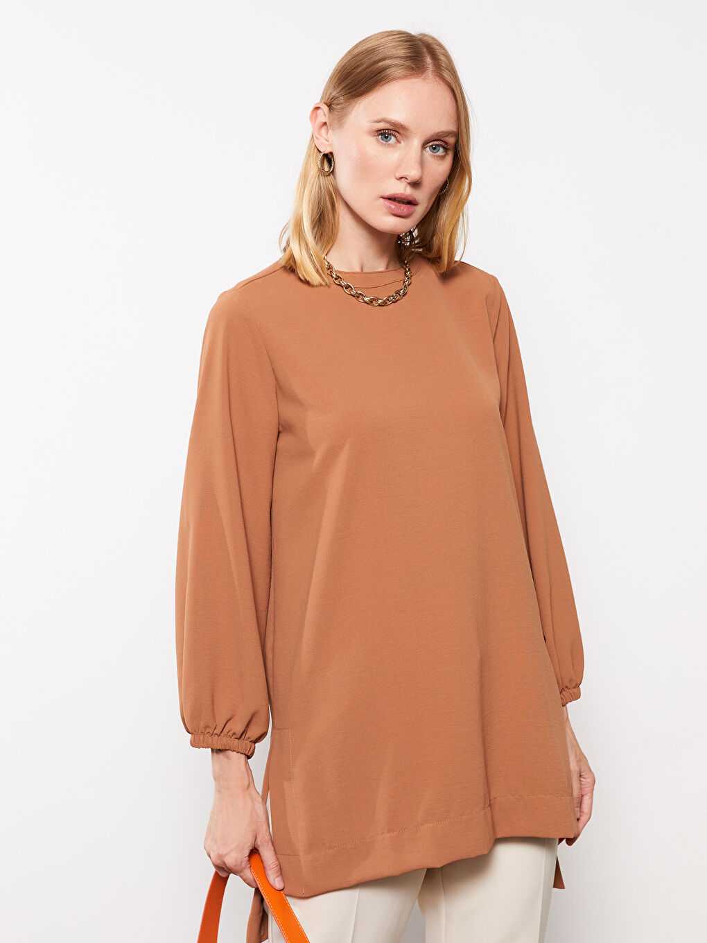 Kahverengi Bisiklet Yaka Düz Uzun Kollu Kadın Tunik-1