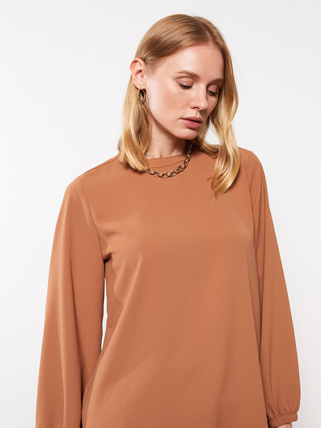 Kahverengi Bisiklet Yaka Düz Uzun Kollu Kadın Tunik-2