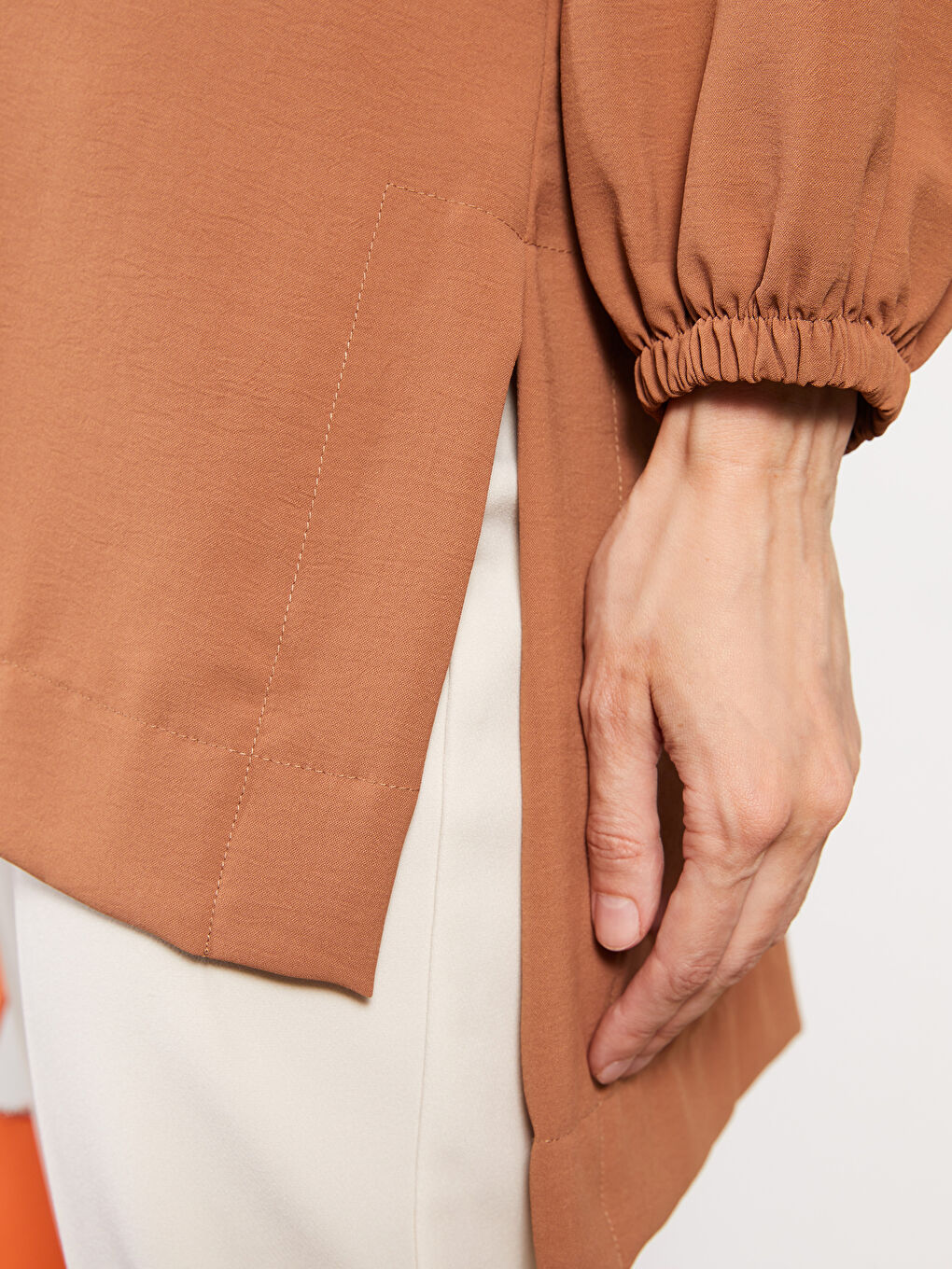 Kahverengi Bisiklet Yaka Düz Uzun Kollu Kadın Tunik-3