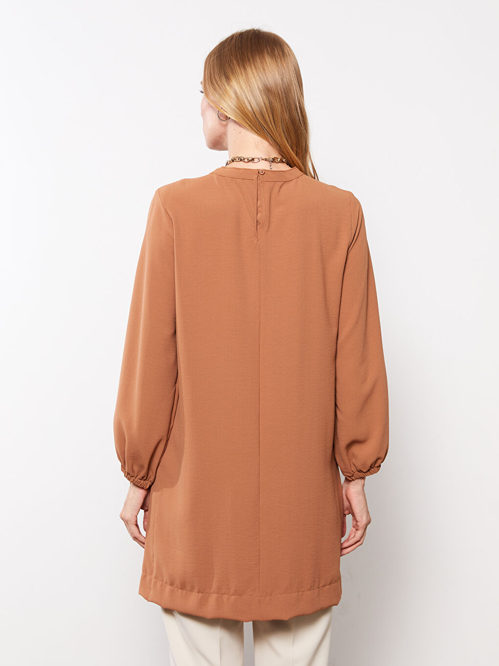 Kahverengi Bisiklet Yaka Düz Uzun Kollu Kadın Tunik-4