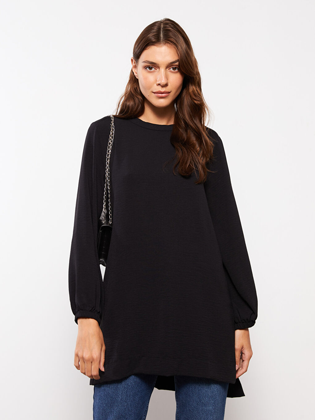 Siyah Bisiklet Yaka Düz Uzun Kollu Kadın Tunik