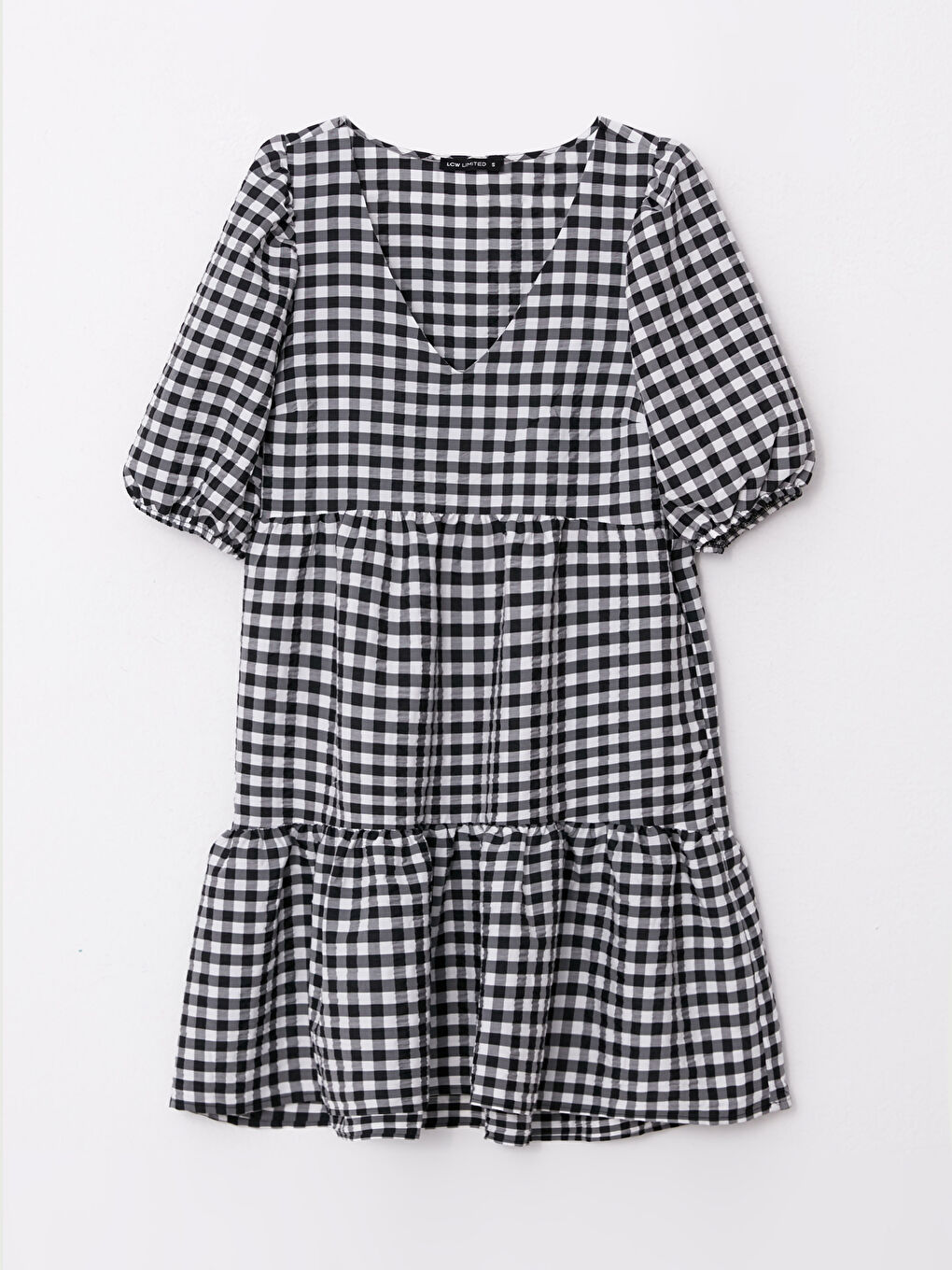 Siyah V Yaka Ekose Kısa Kollu Kadın Elbise-5