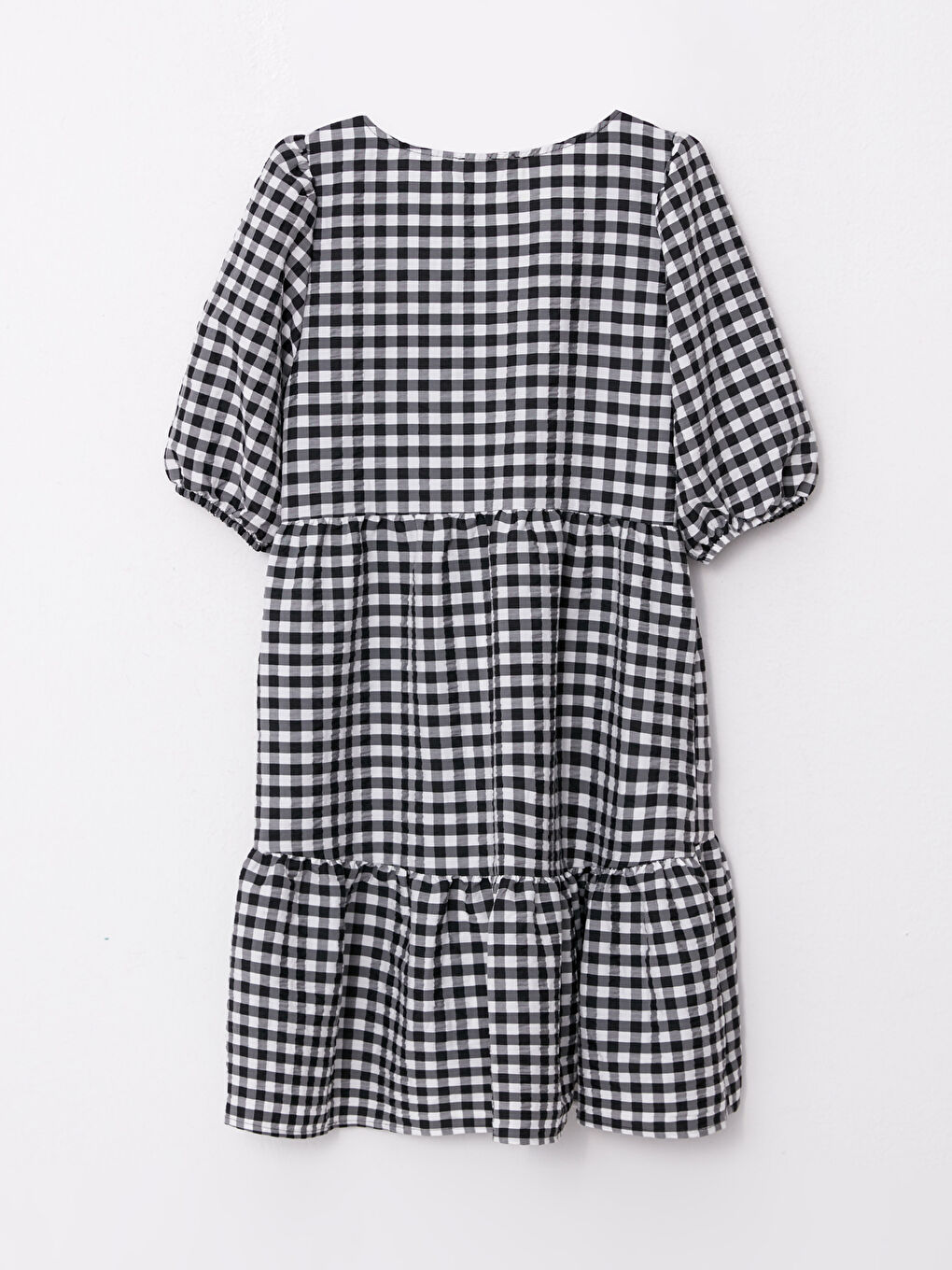 Siyah V Yaka Ekose Kısa Kollu Kadın Elbise-6