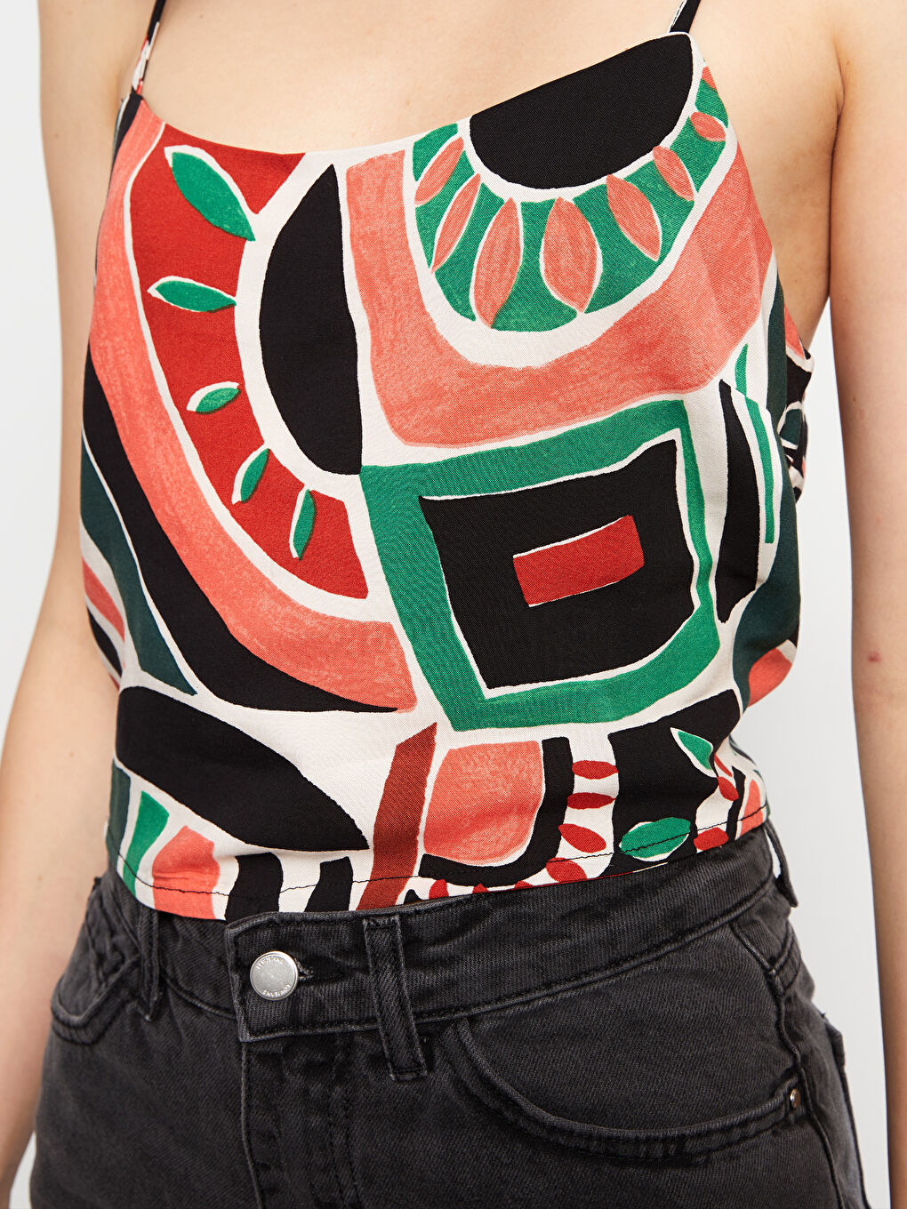 Bluză Poplin cu Bretele, Imprimată, Guler în Formă de U pentru Femei-3