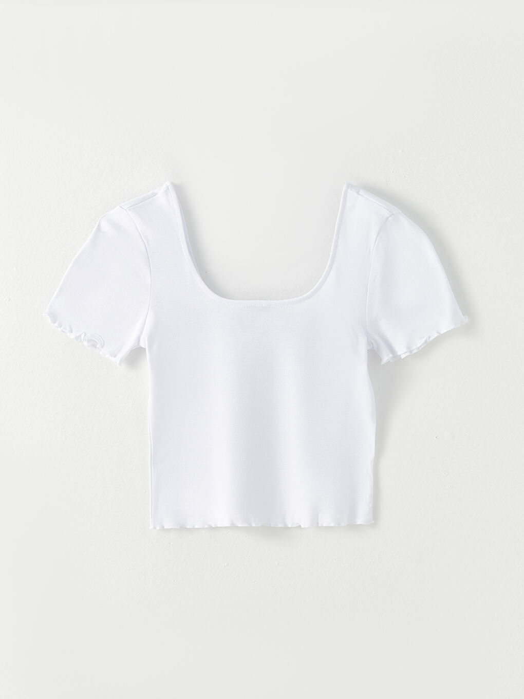 Beyaz U Yaka Düz Kısa Kollu Kadın Crop-5