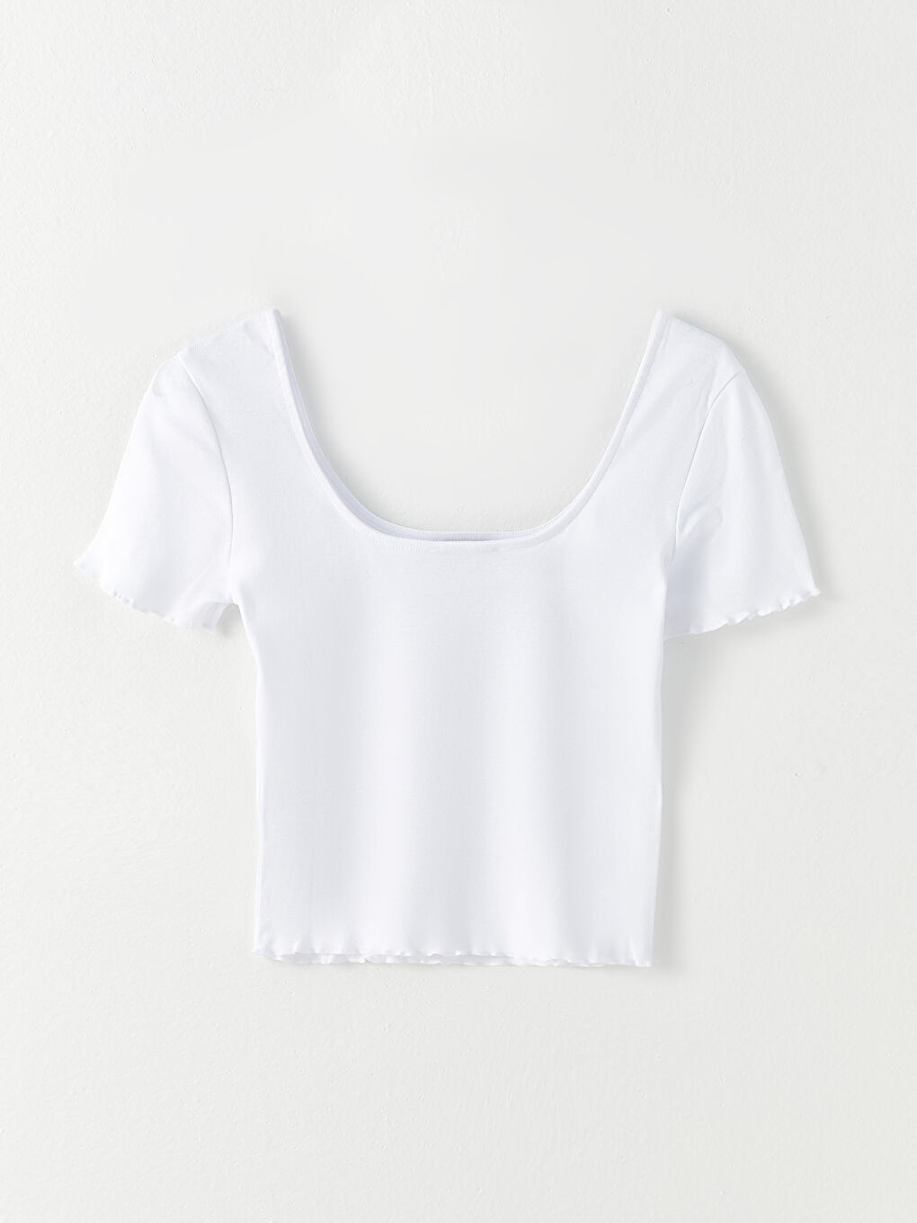 Beyaz U Yaka Düz Kısa Kollu Kadın Crop-6
