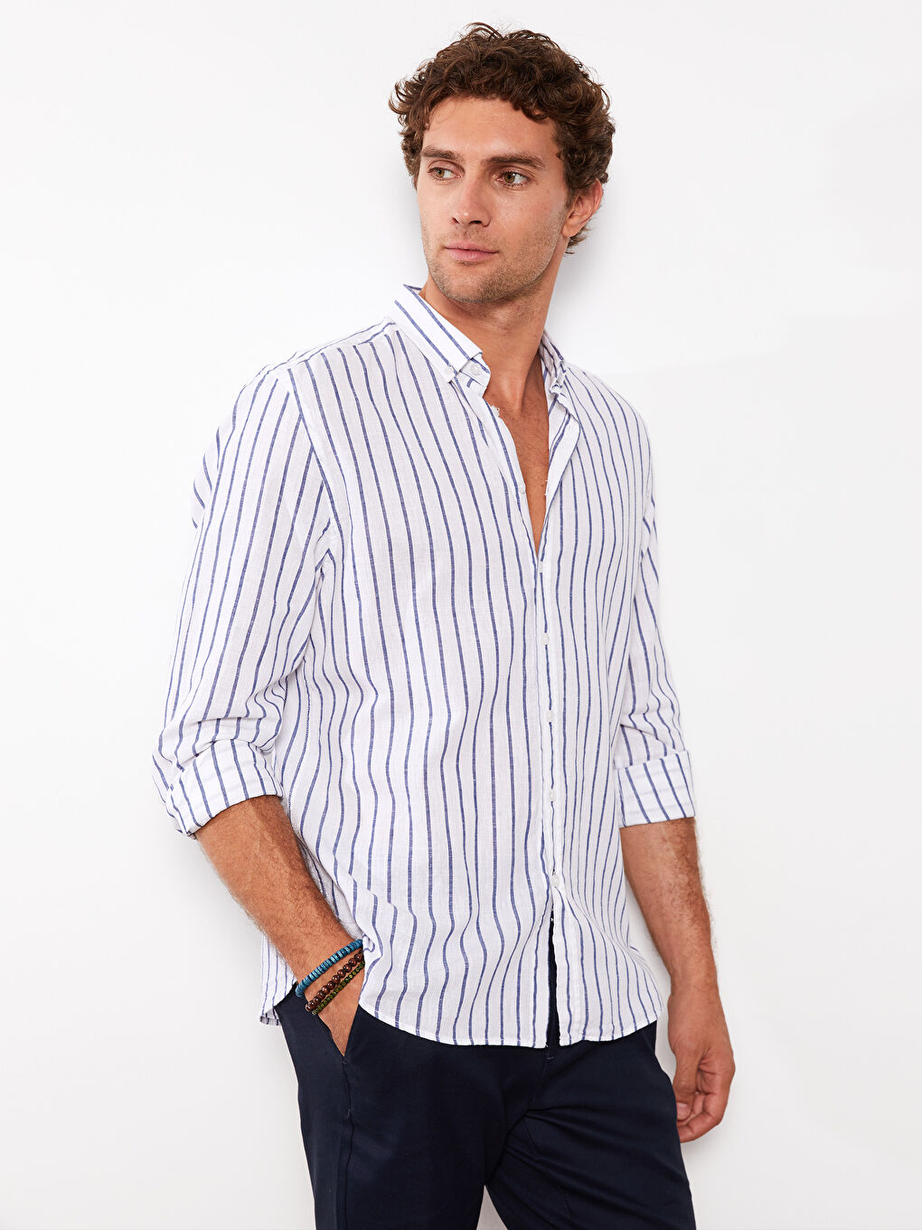 Lacivert Regular Fit Uzun Kollu Çizgili Erkek Gömlek-5
