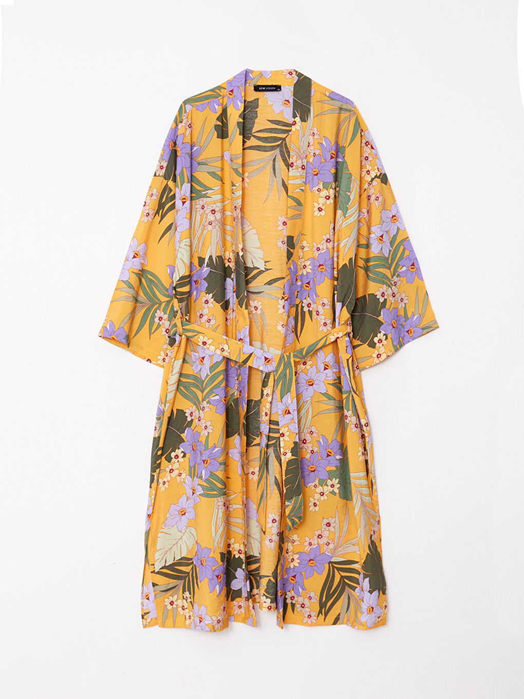 Sarı Şal Yaka Desenli Uzun Kollu Kadın Kimono-5