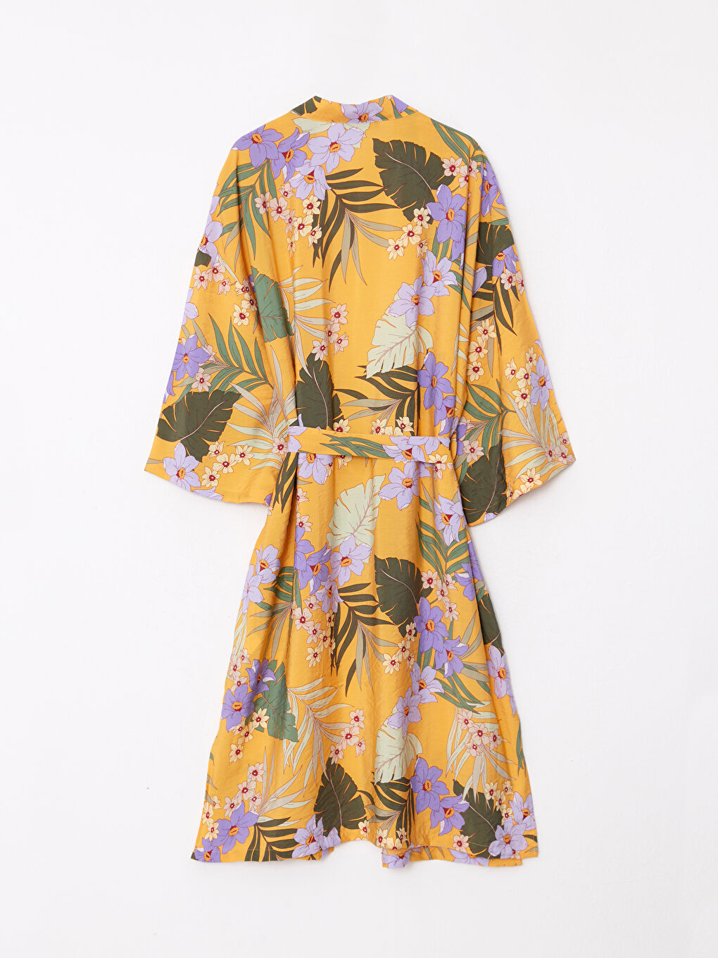 Sarı Şal Yaka Desenli Uzun Kollu Kadın Kimono-6