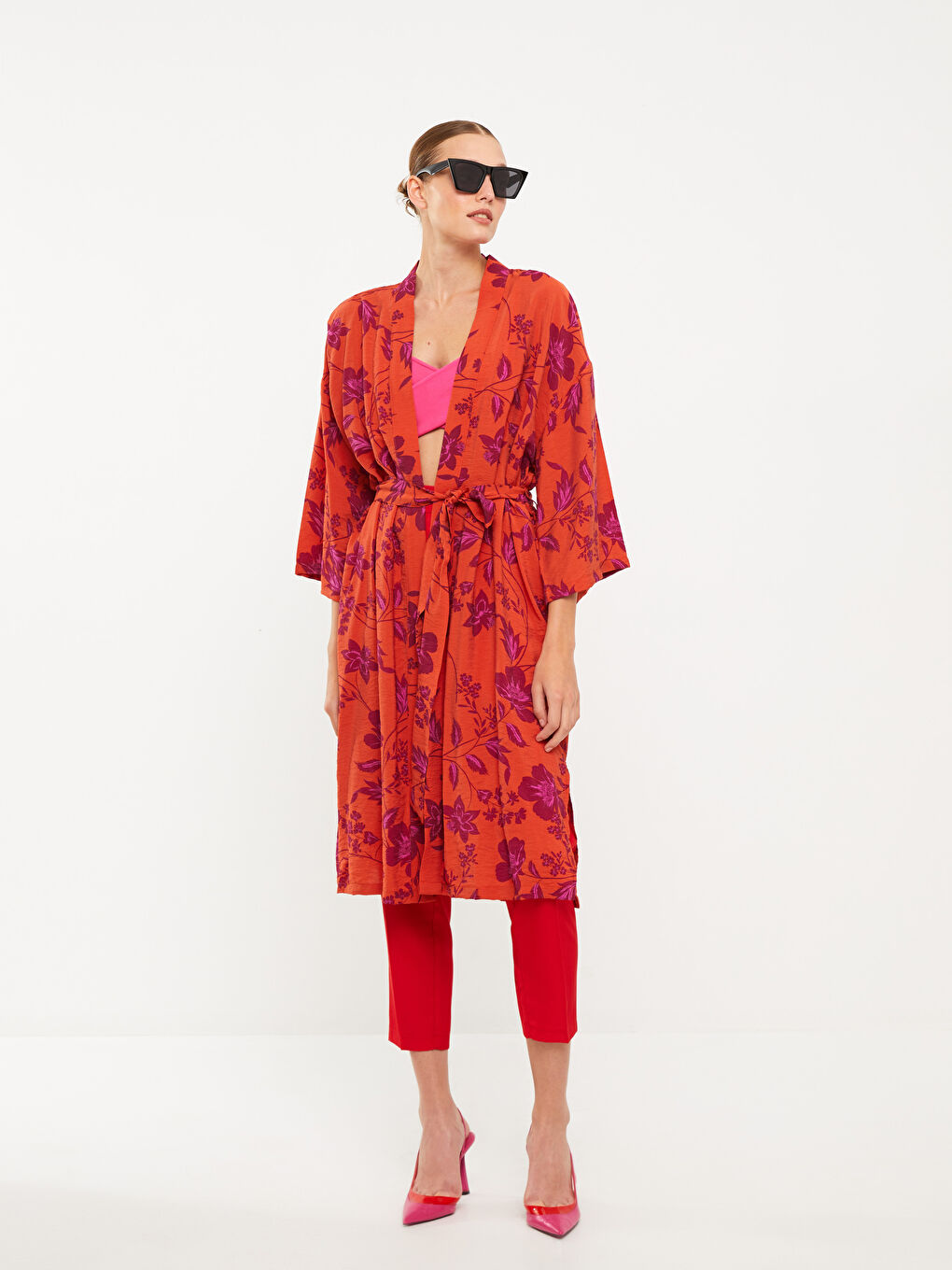 Karışık Şal Yaka Desenli Uzun Kollu Kadın Kimono