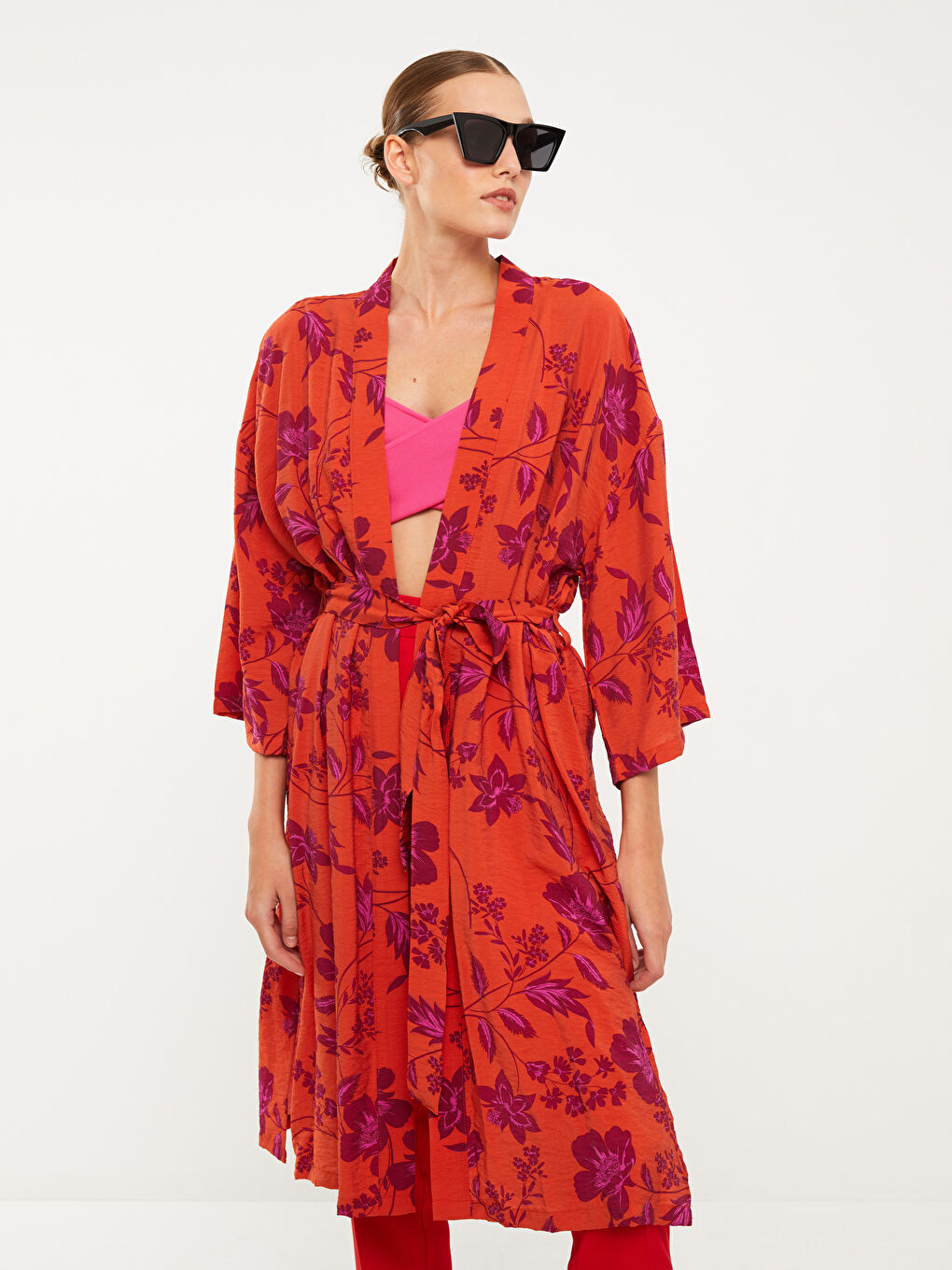 Karışık Şal Yaka Desenli Uzun Kollu Kadın Kimono-1