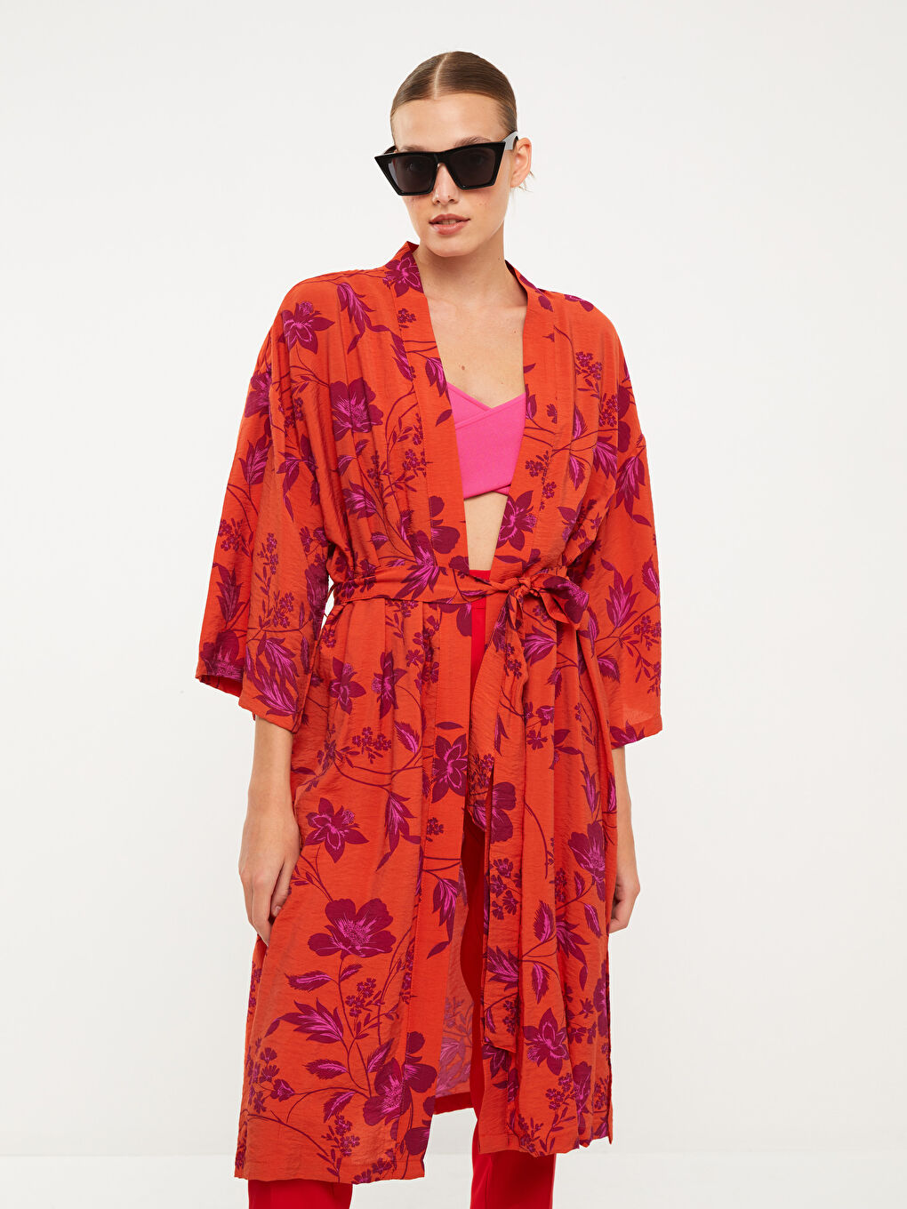 Karışık Şal Yaka Desenli Uzun Kollu Kadın Kimono-2