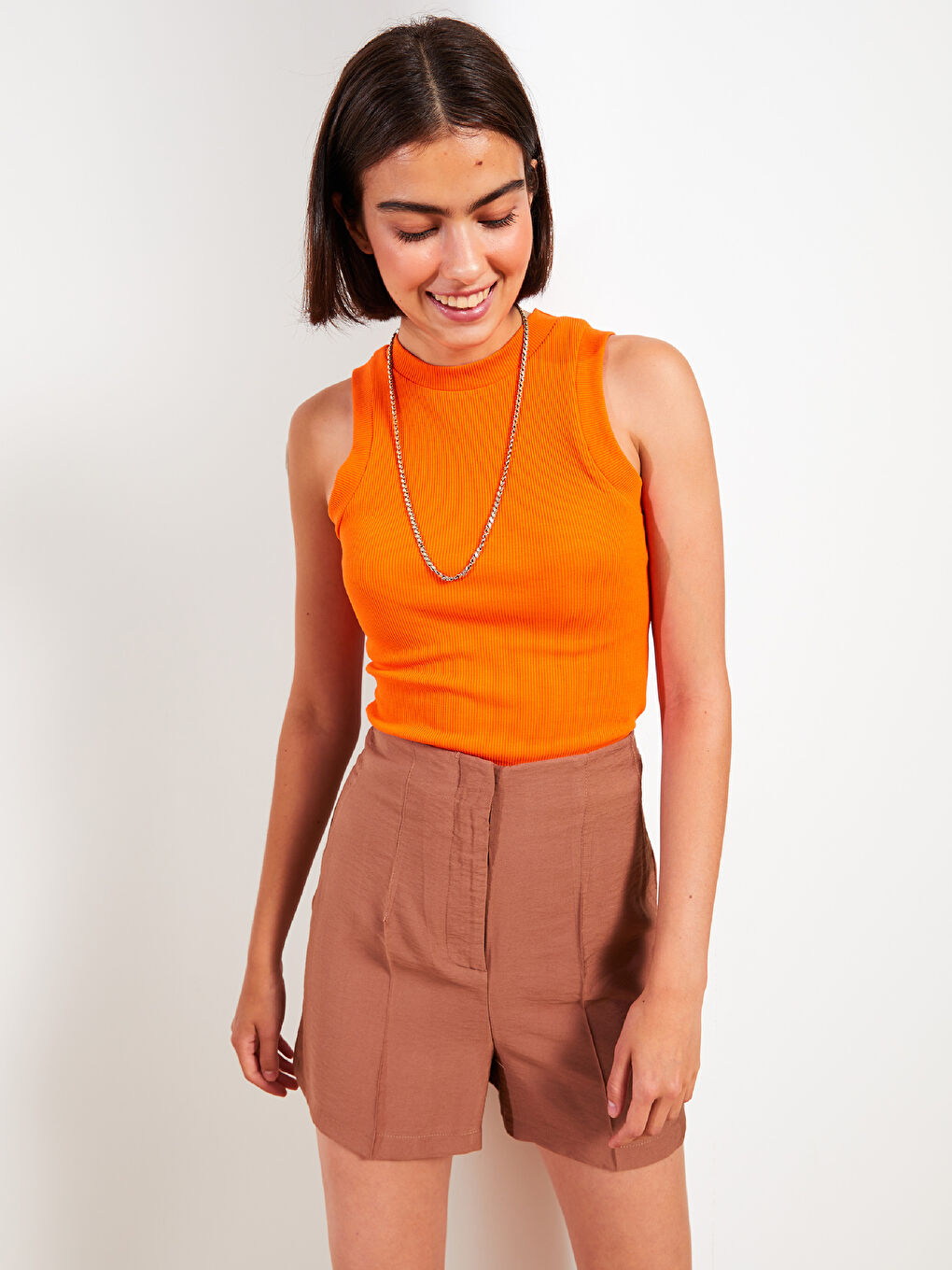 Turuncu Kadın Bisiklet Yaka Düz Atlet-2