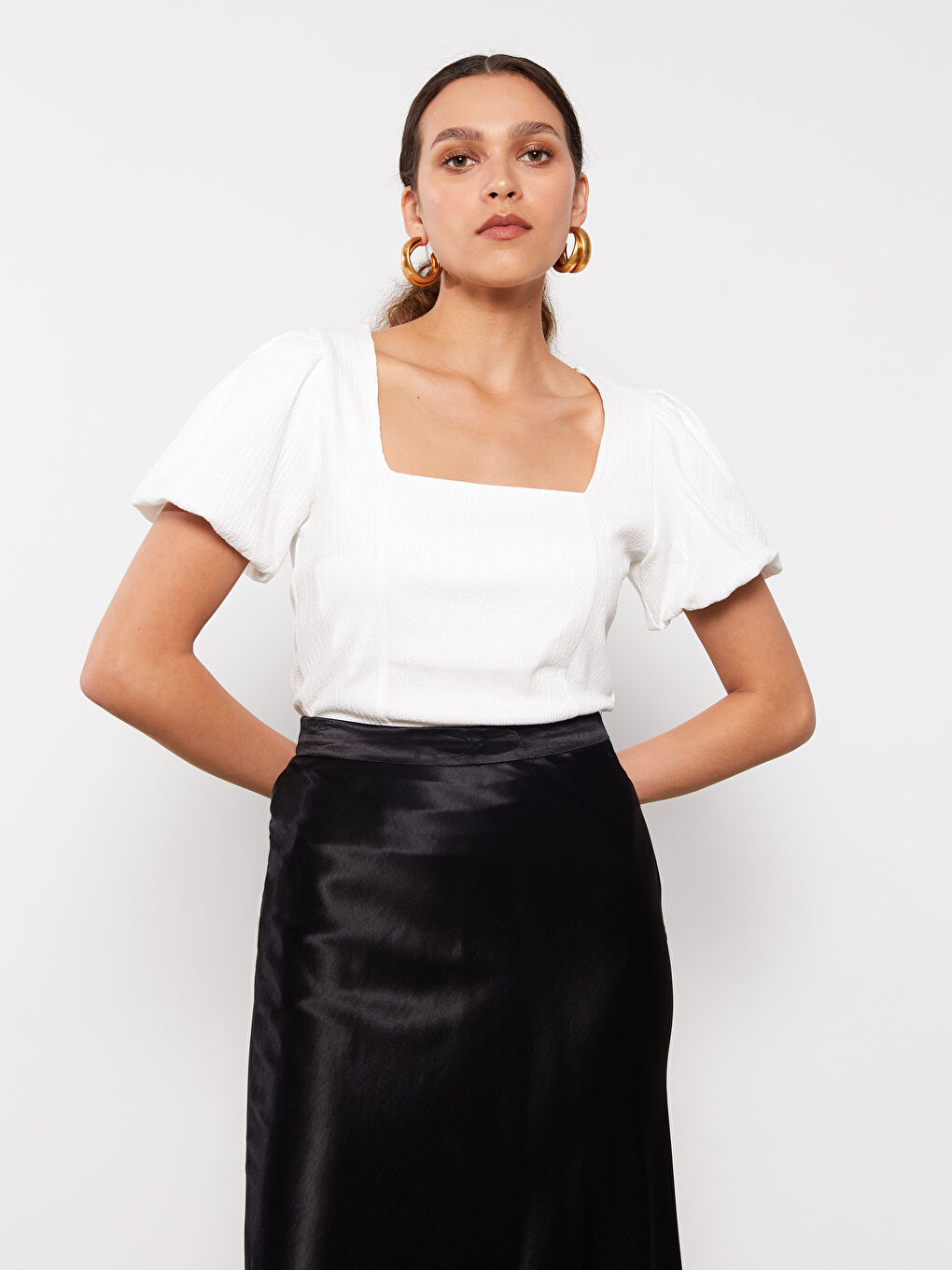 Square Collar Plain Short Sleeve Women's T-Shirt
