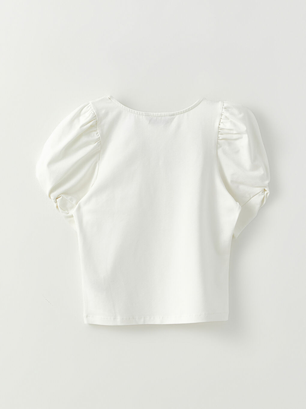 Ekru U Yaka Düz Kısa Kollu Bürümcük Kadın Bluz-6