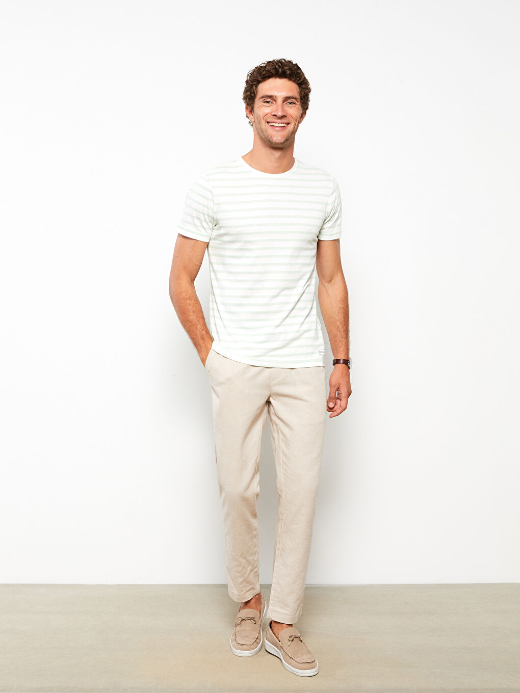 Yeşil Bisiklet Yaka Kısa Kollu Çizgili Penye Erkek Tişört