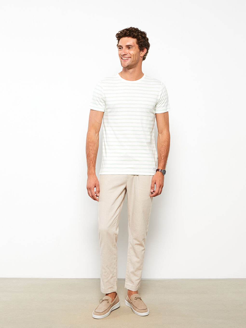 Yeşil Bisiklet Yaka Kısa Kollu Çizgili Penye Erkek Tişört-1