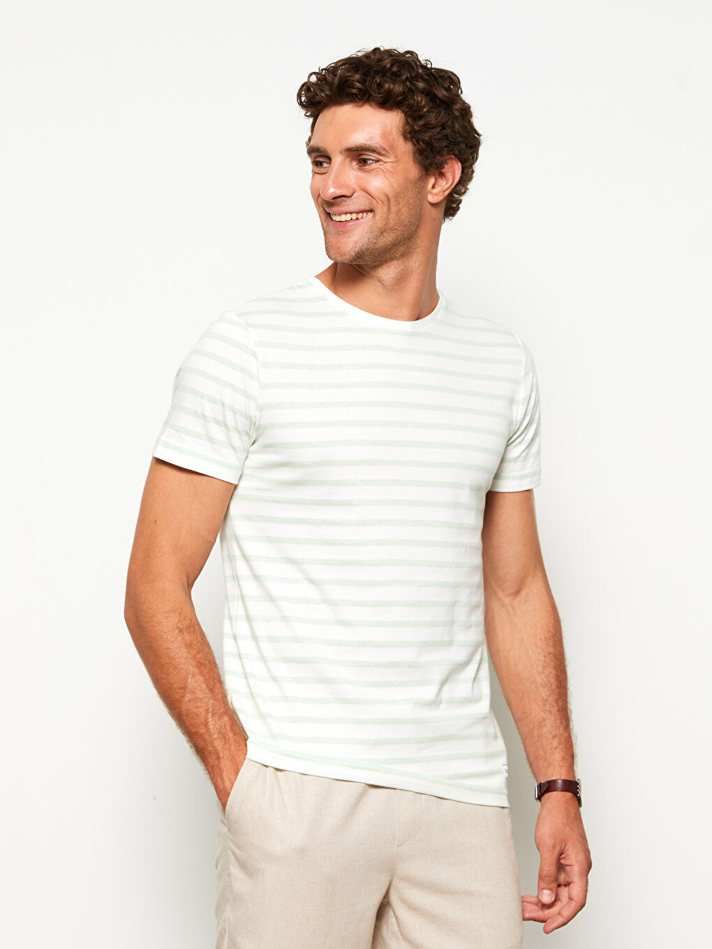 Yeşil Bisiklet Yaka Kısa Kollu Çizgili Penye Erkek Tişört-2