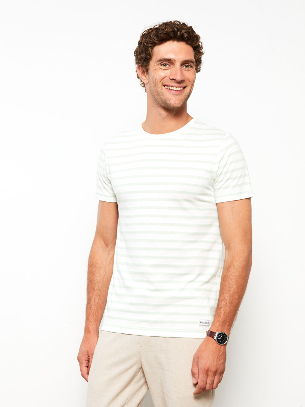 Yeşil Bisiklet Yaka Kısa Kollu Çizgili Penye Erkek Tişört-3