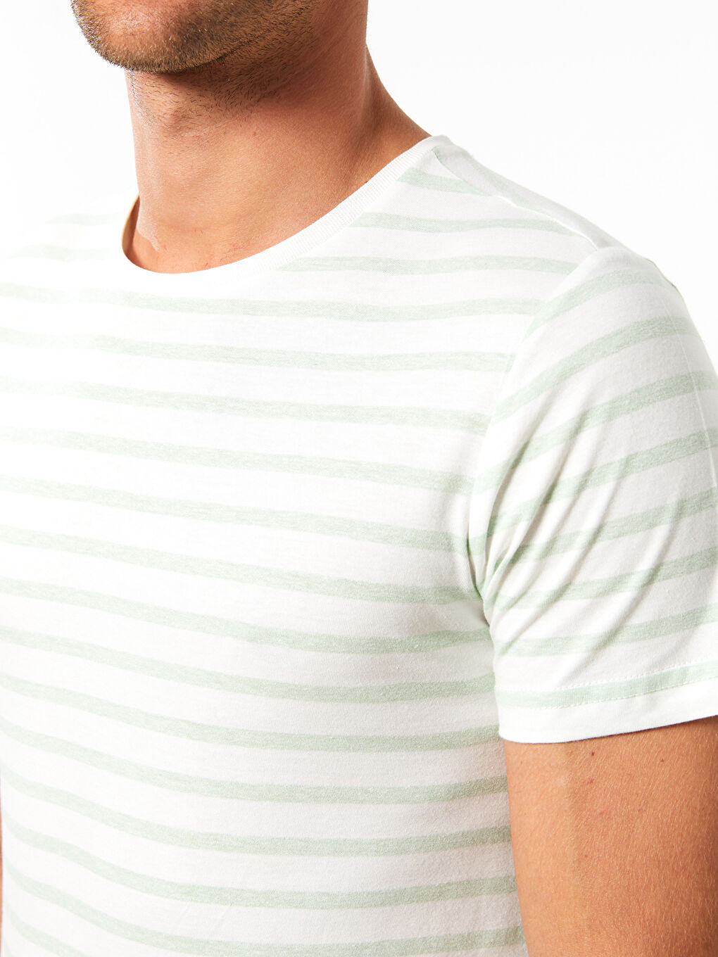 Yeşil Bisiklet Yaka Kısa Kollu Çizgili Penye Erkek Tişört-4