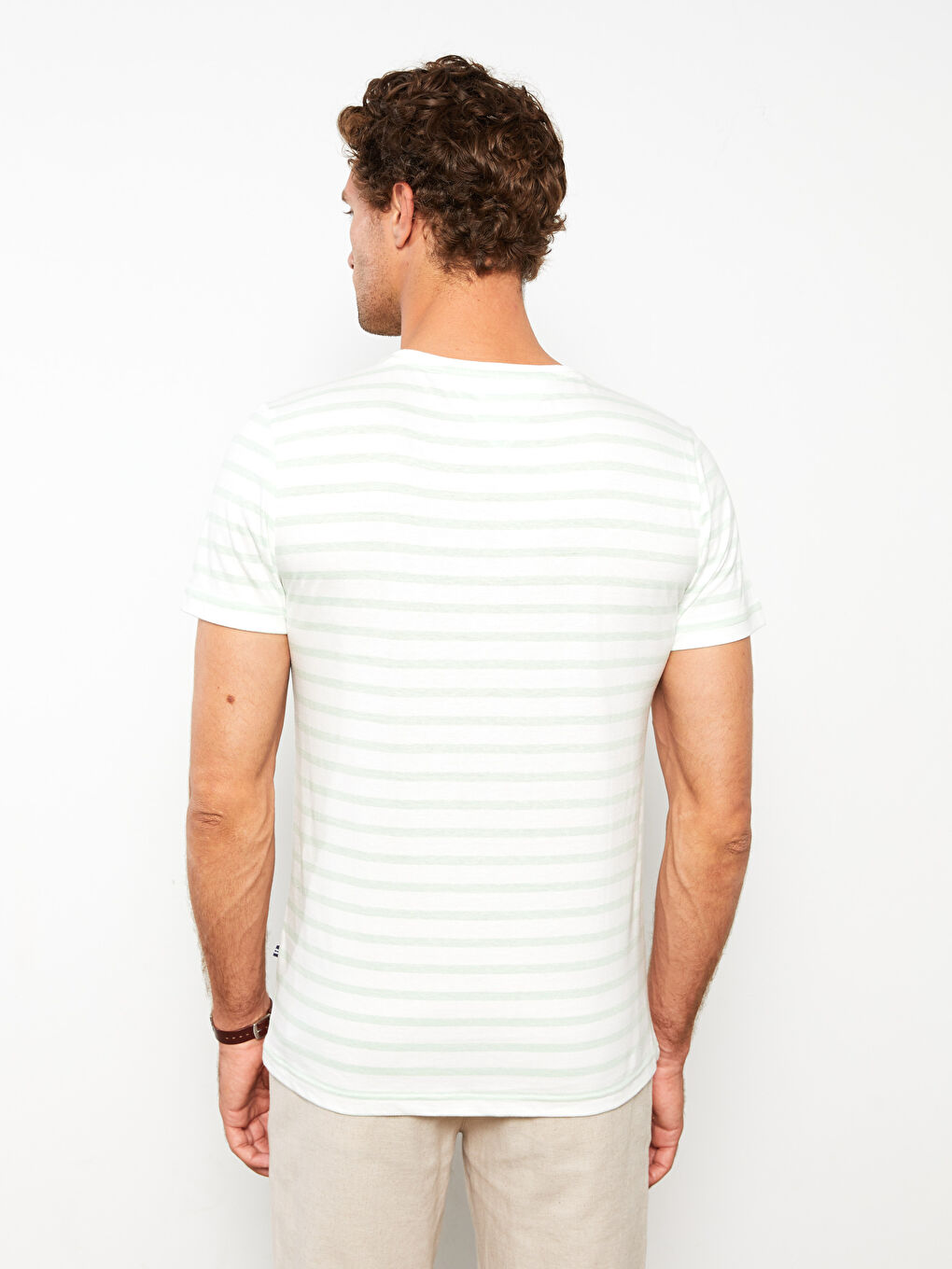 Yeşil Bisiklet Yaka Kısa Kollu Çizgili Penye Erkek Tişört-5