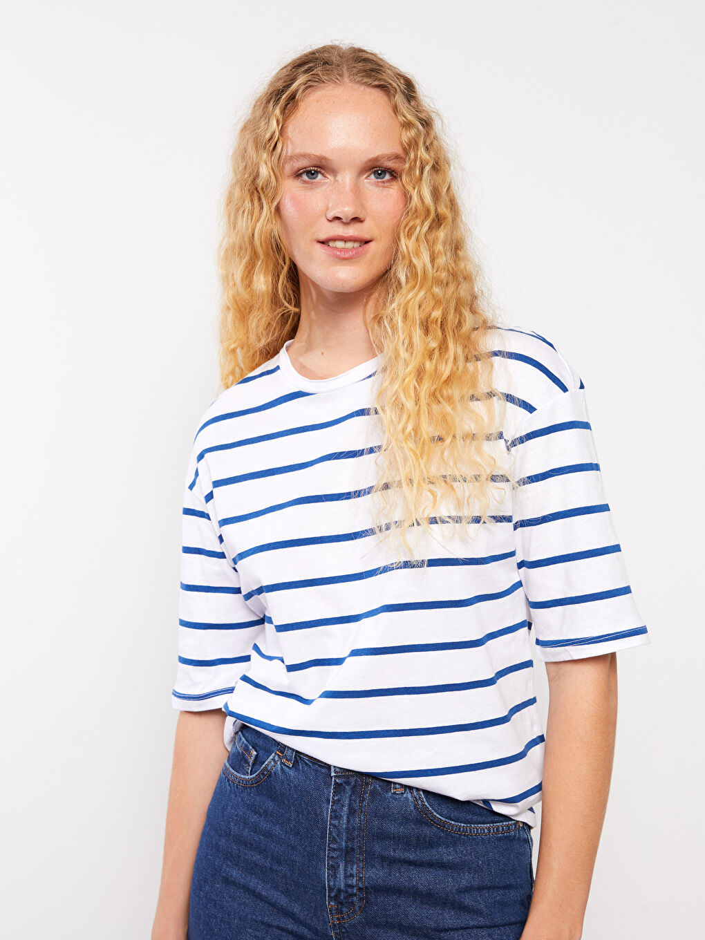 Crew Neck Striped Short Sleeve Cotton Women's T-Shirt-1