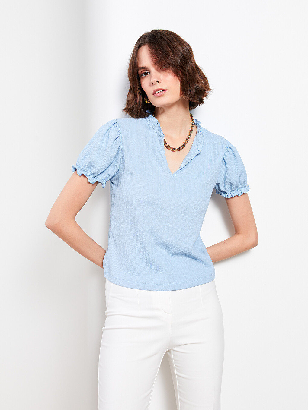 Henley Neckline Short Sleeve Women's Crepe T-Shirt